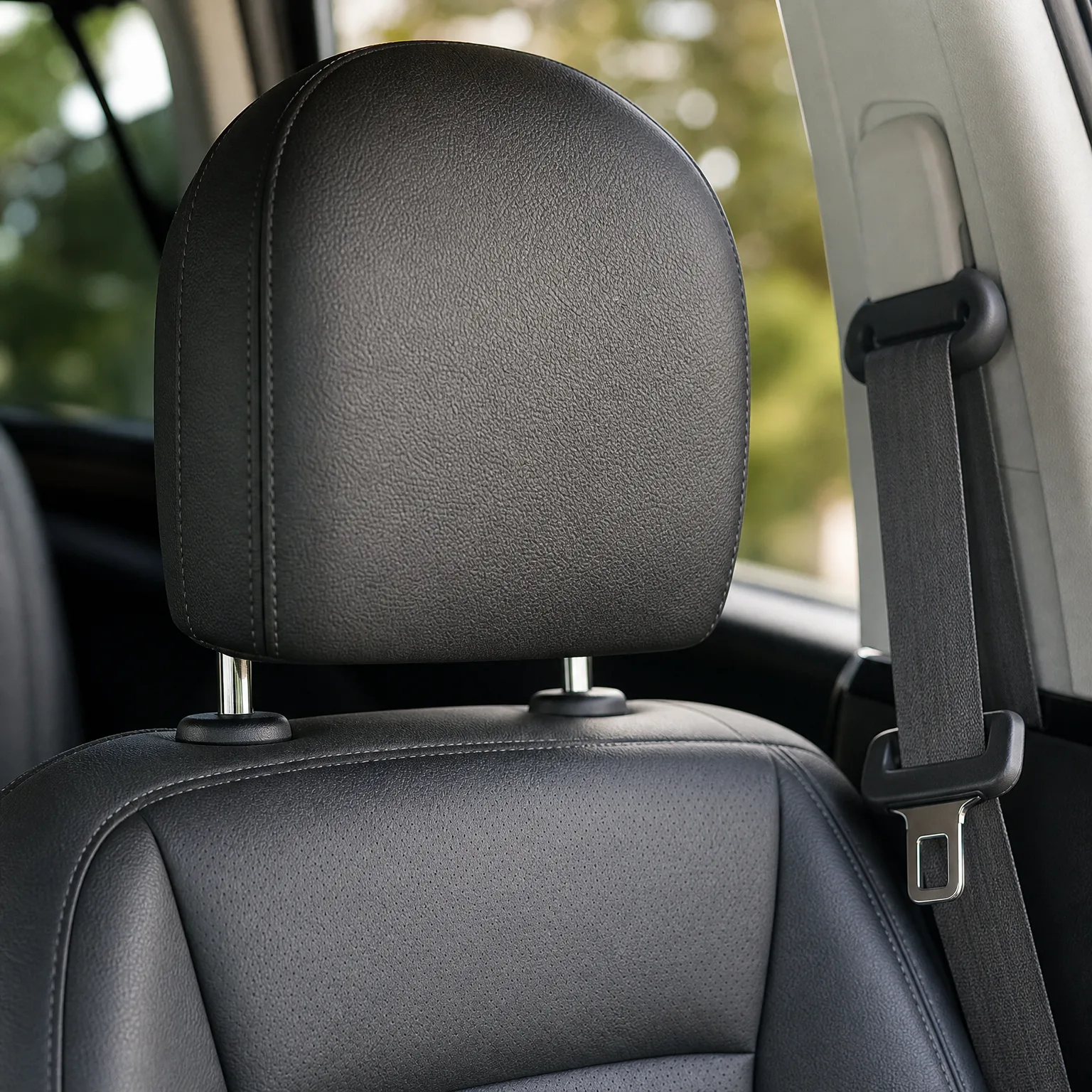 Close-up of a black leather car seat headrest with metal support posts, beside a window showing blurred green foliage and a seat belt with buckle on the right.