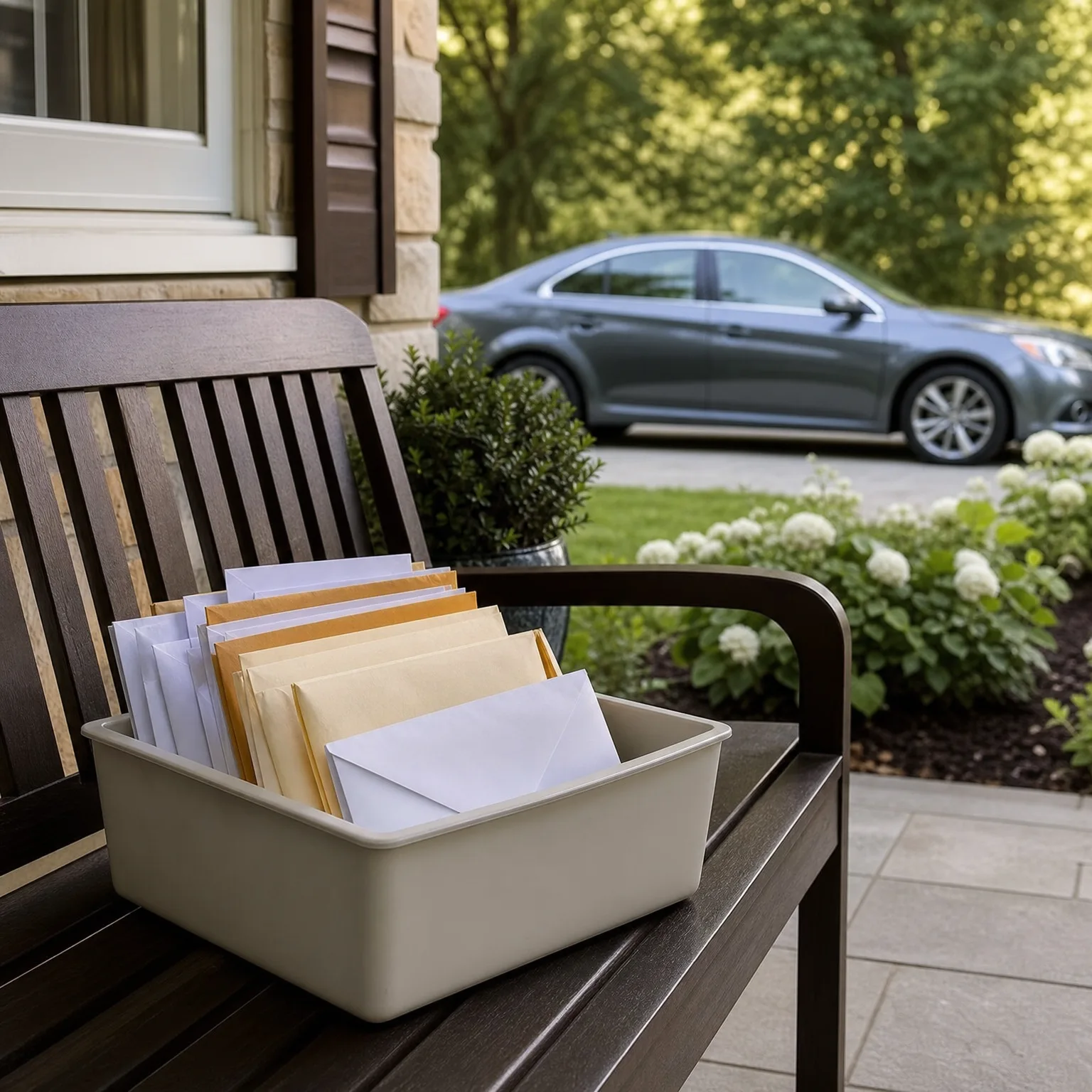 A beige plastic bin filled with white and manila envelopes sits on a dark wooden bench beside a house, with a gray sedan parked on a driveway and flowering shrubs in the blurred background.