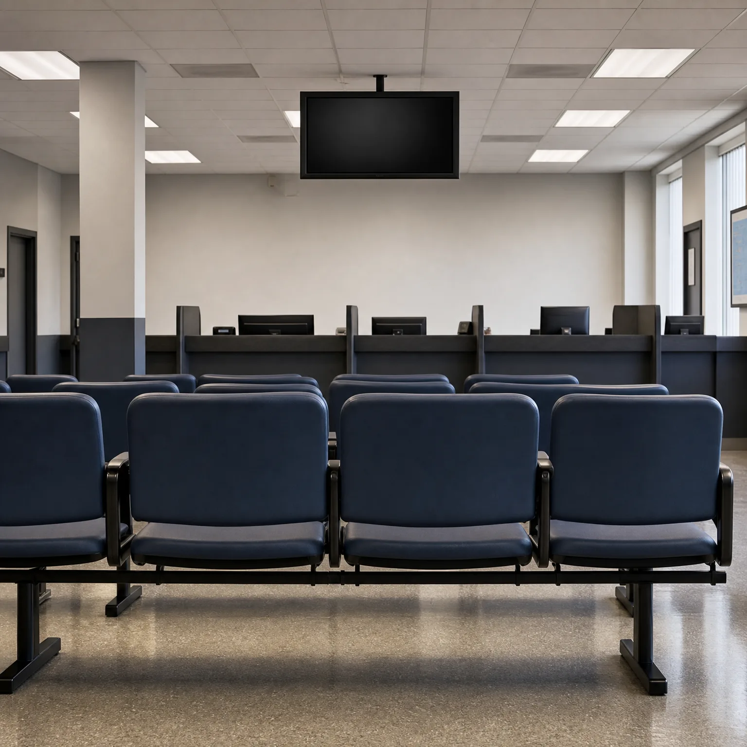 Empty waiting area with rows of dark blue beam-mounted chairs facing a service counter with monitors, a ceiling-mounted flat screen above, and a speckled floor.
