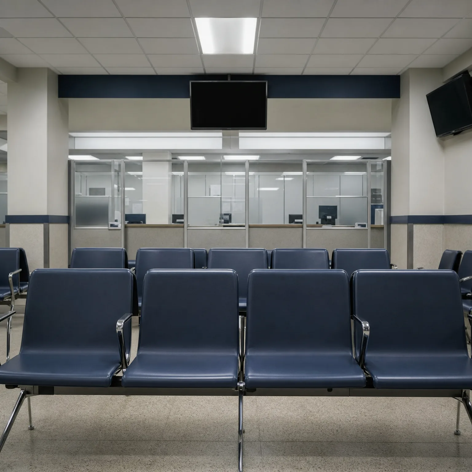 Empty waiting area with rows of dark blue chairs on chrome frames facing a glass-fronted service counter, with a wall-mounted flat screen and drop-ceiling lighting above.
