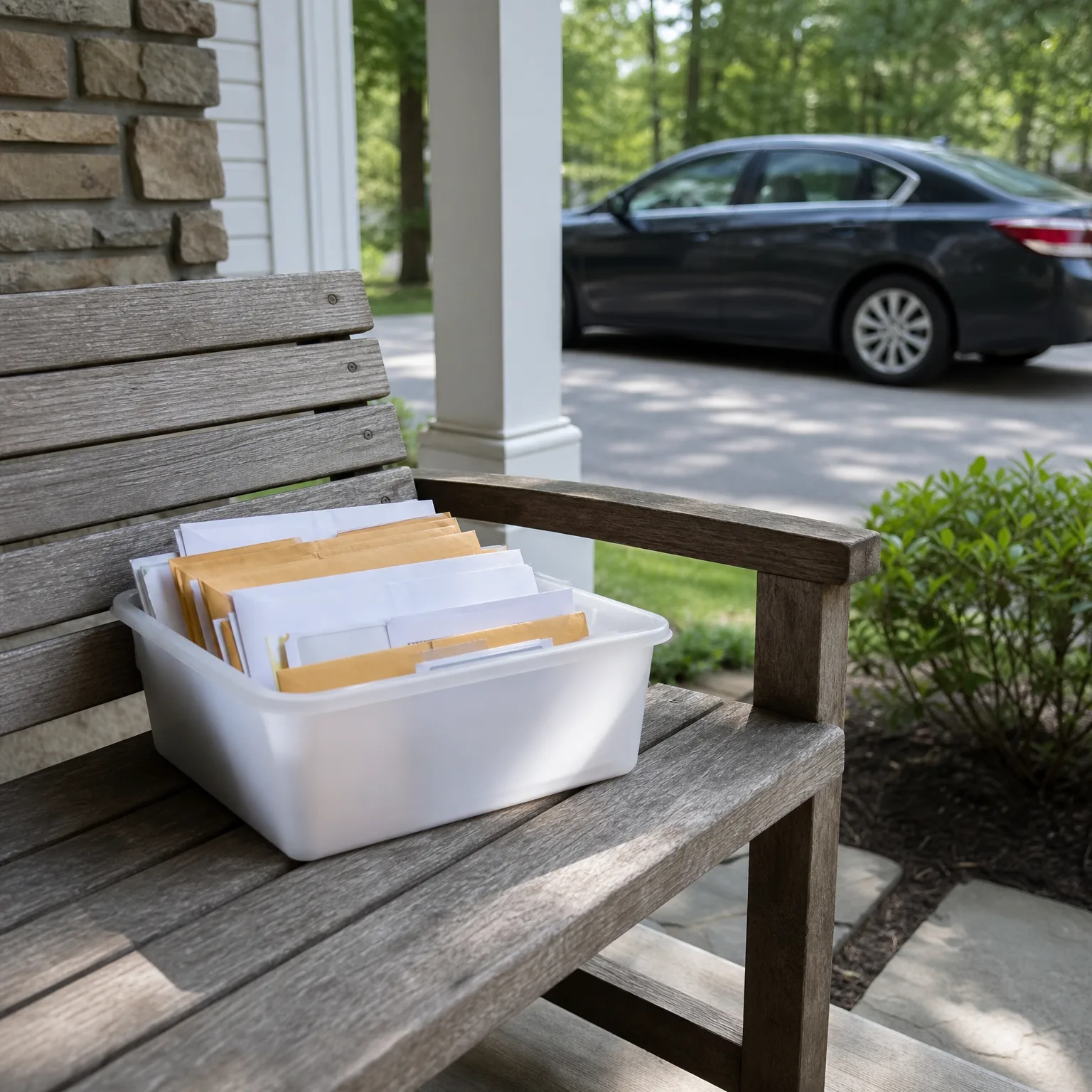 A white plastic bin filled with upright white and manila envelopes sits on a weathered wooden bench on a covered porch, with a dark sedan parked in a driveway beyond.