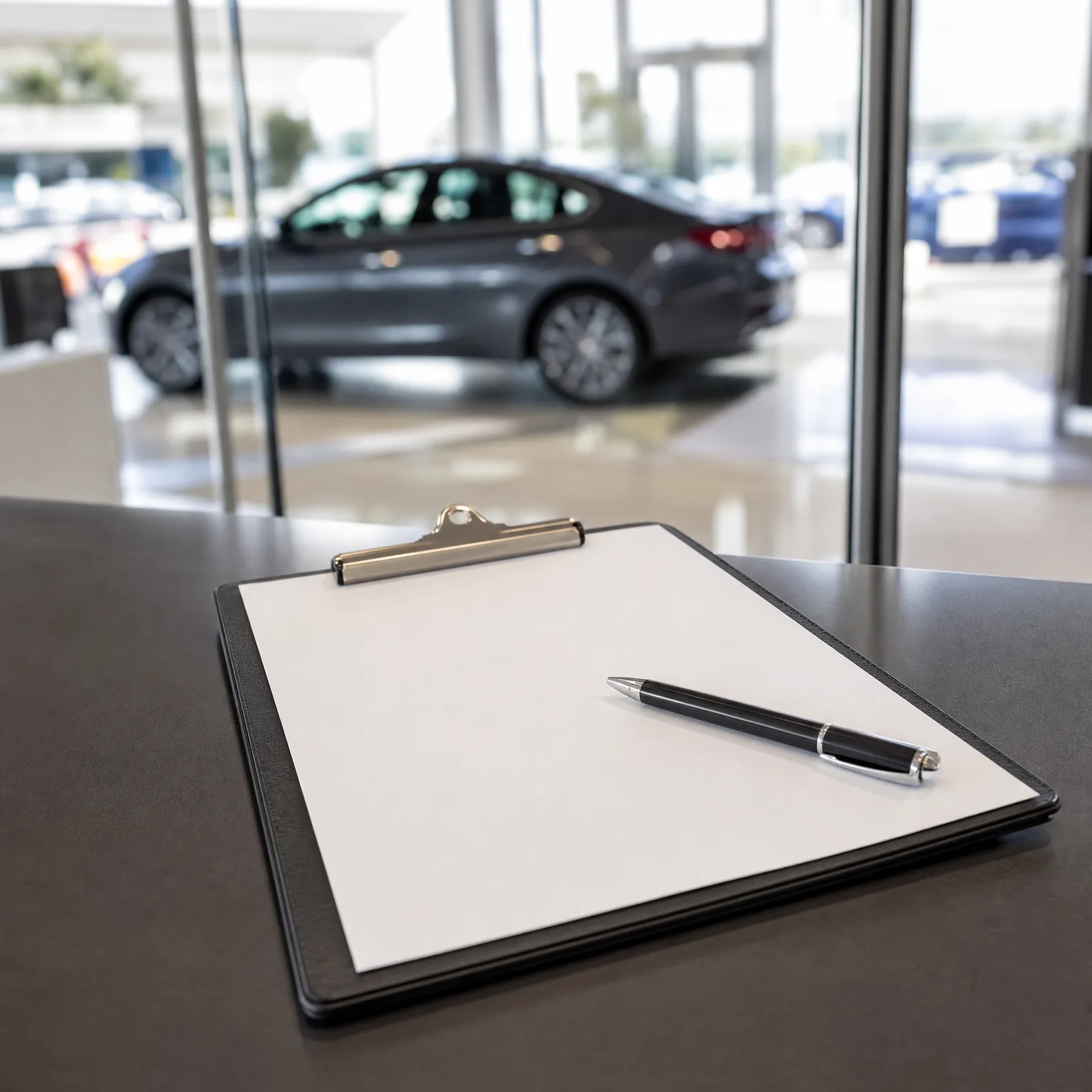 A clipboard with a blank sheet of paper and a black pen rests on a dark counter, with a blurred gray sedan behind a glass wall in the background.