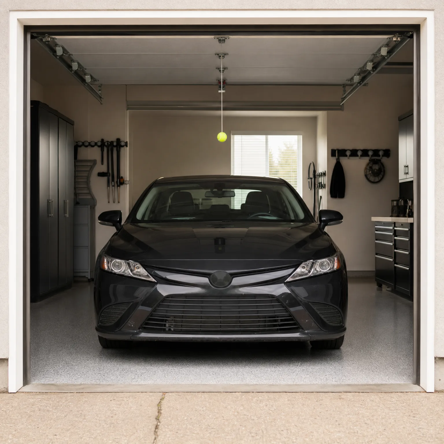 A dark gray sedan parked front-first in an open single-car garage with speckled epoxy floor, black cabinets, wall-hung tools, and a tennis ball hanging from the ceiling.
