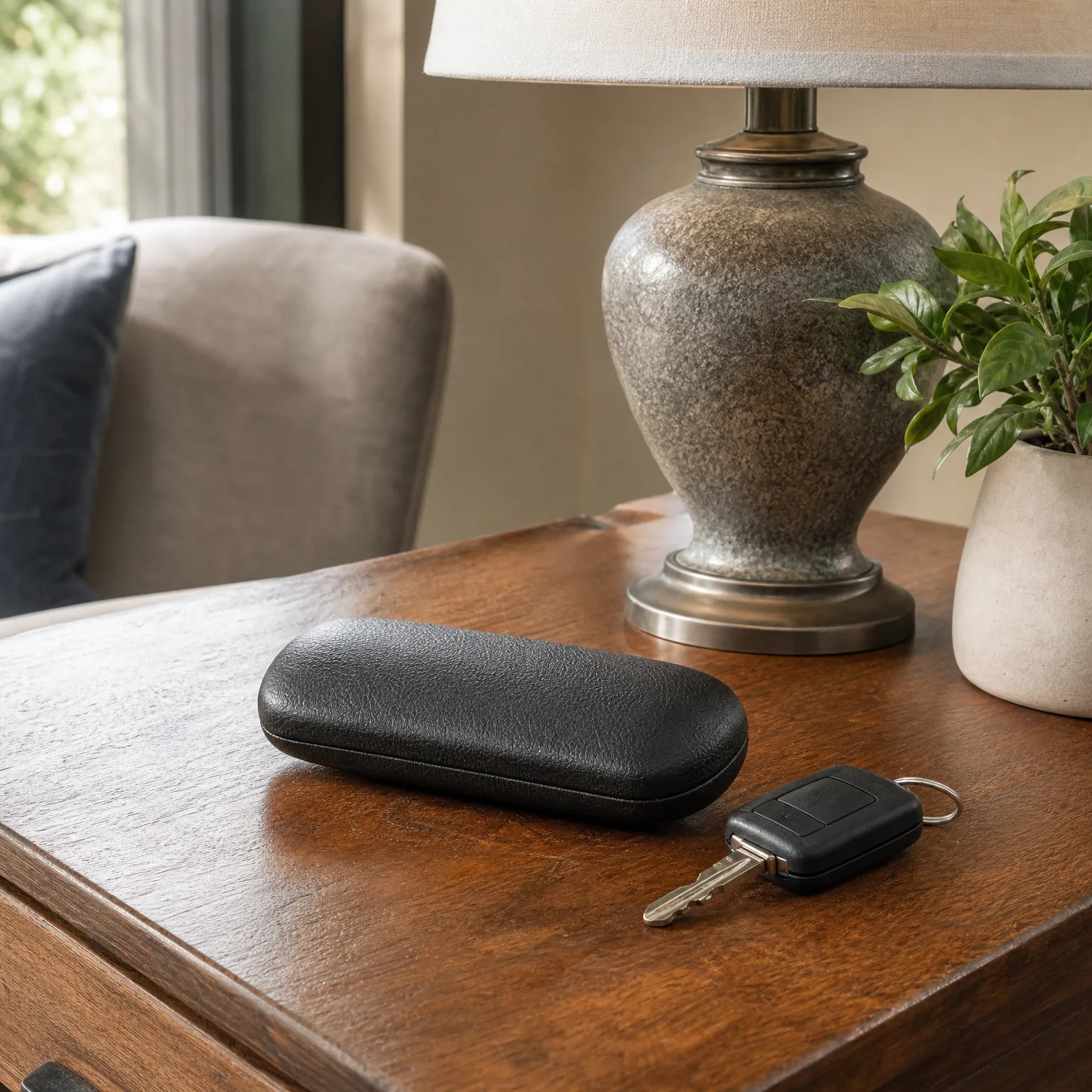 A black hard-shell eyeglass case and a car key with a black remote fob rest on a dark wooden side table beside a ceramic lamp base and a potted green plant.