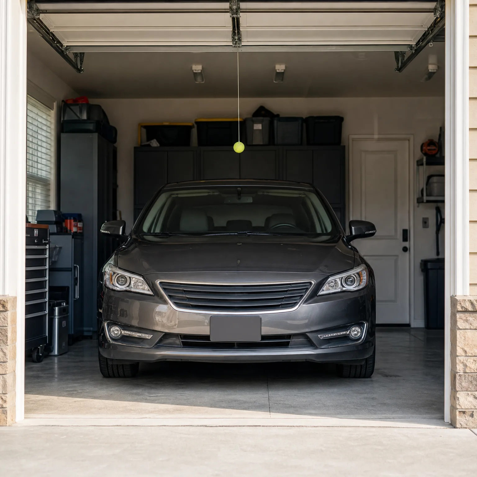 A gray sedan parked inside a garage with an open overhead door, a tennis ball hanging from the ceiling on a string, dark storage cabinets with bins, a tool chest, and a white interior door.