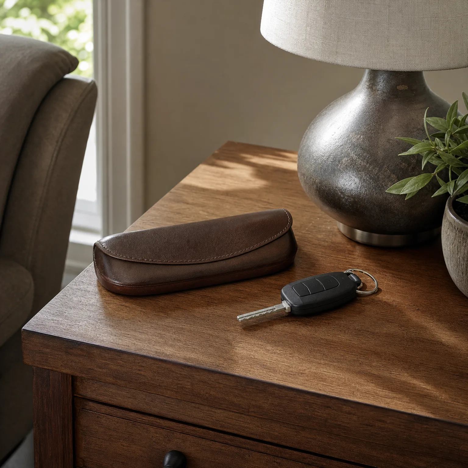 A brown leather eyeglass case and a black car key with a metal key ring rest on a wooden side table beside a dark ceramic lamp base and a potted green plant, with an upholstered chair and window in the background.