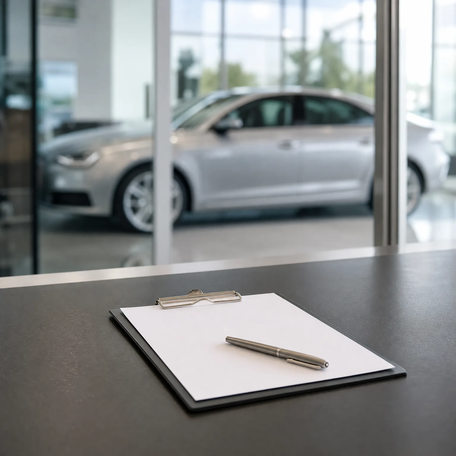 A clipboard with a blank white sheet and a metal pen rests on a dark countertop, with a silver sedan blurred behind a glass wall in the background.