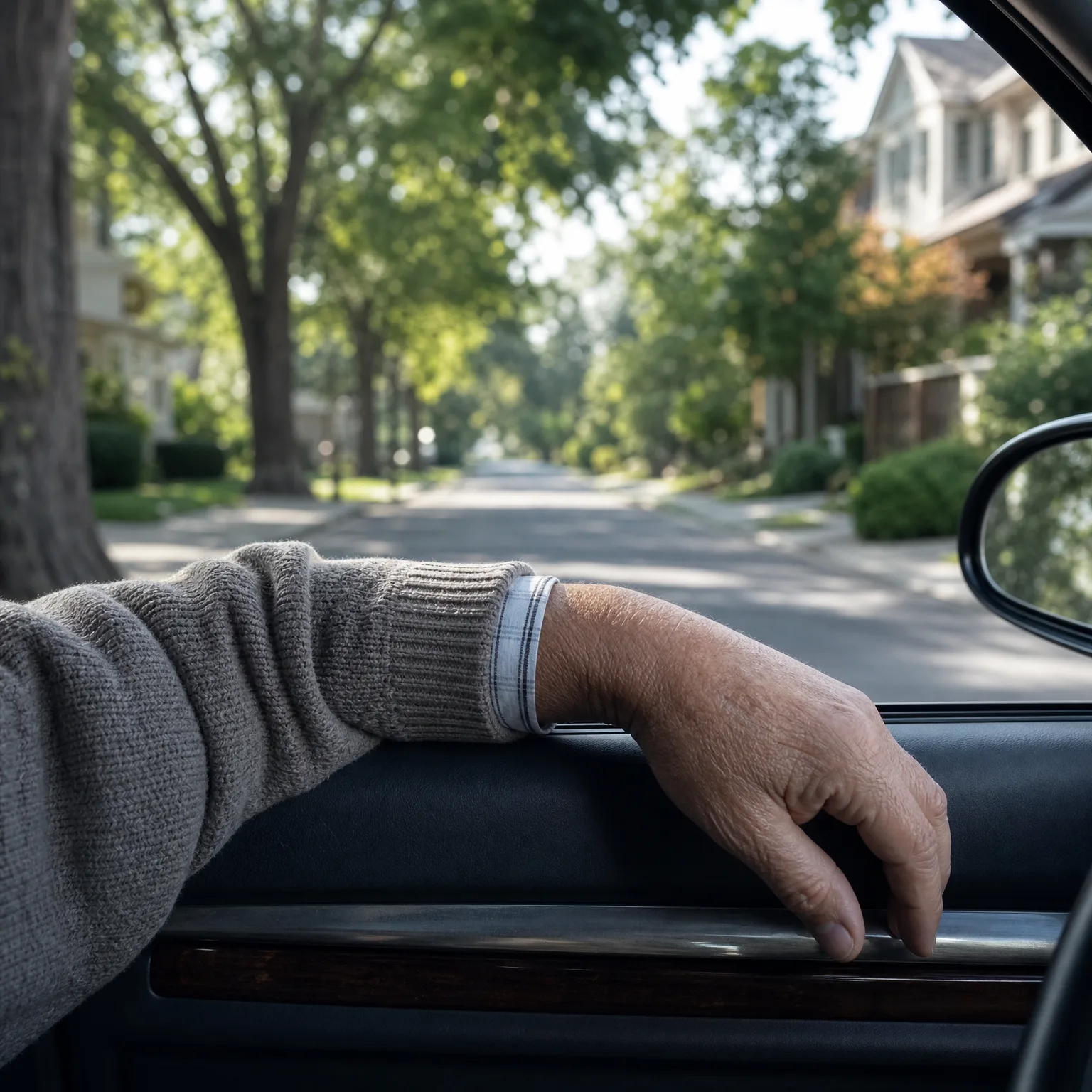 A person's arm in a gray knit sweater with a white shirt cuff rests on a car door sill with the window down, looking out at a tree-lined residential street with houses.