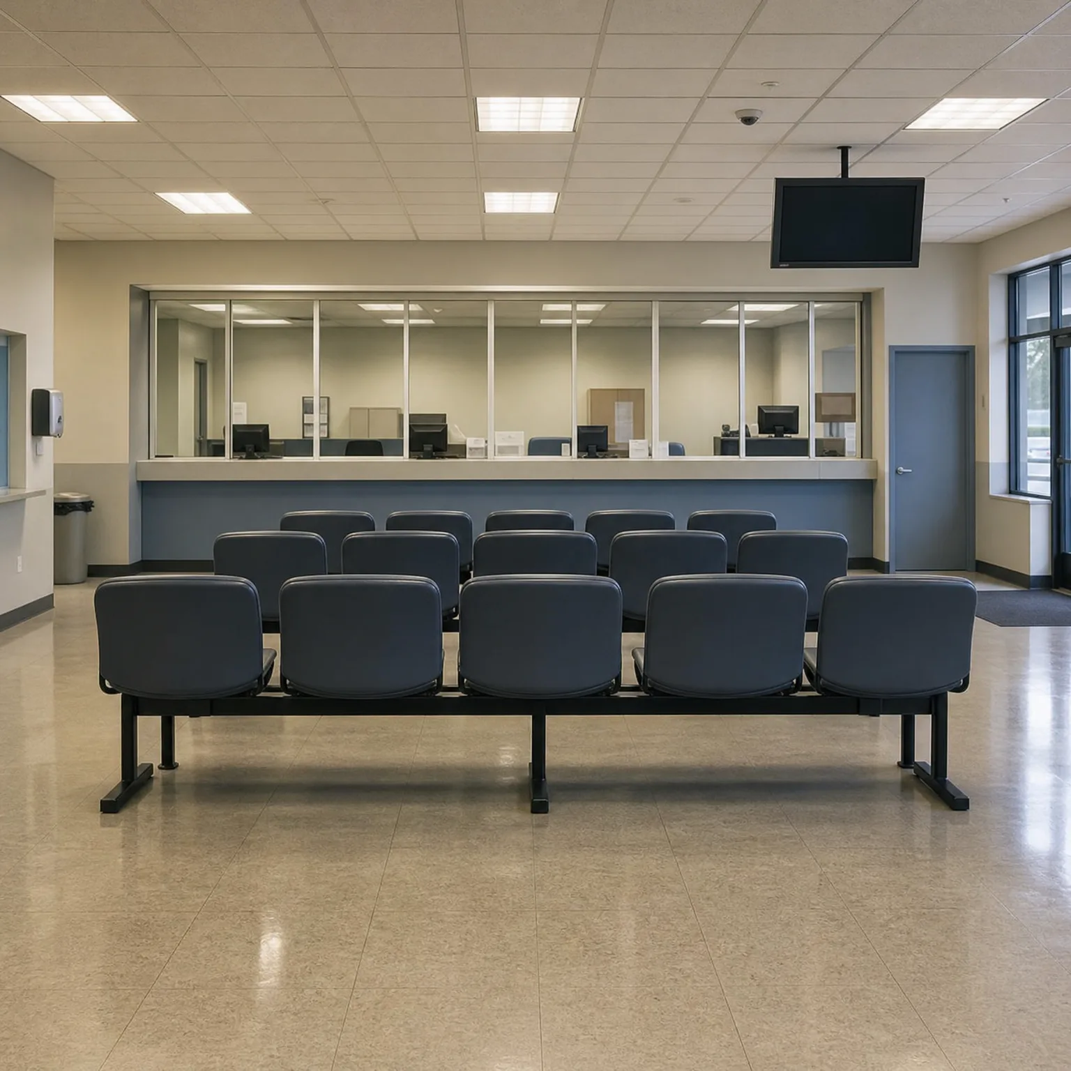 Empty indoor waiting area with rows of gray beam-mounted chairs facing a service counter behind glass partitions, a ceiling-mounted flat monitor, blue door, and tiled floor.