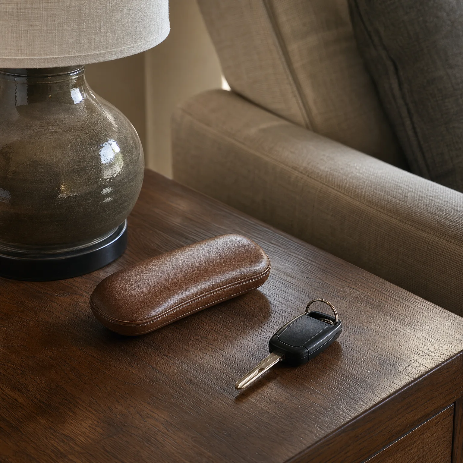 A brown leather eyeglass case and a black-headed car key with a metal ring rest on a dark wood side table beside a ceramic lamp base, with an upholstered armchair behind.