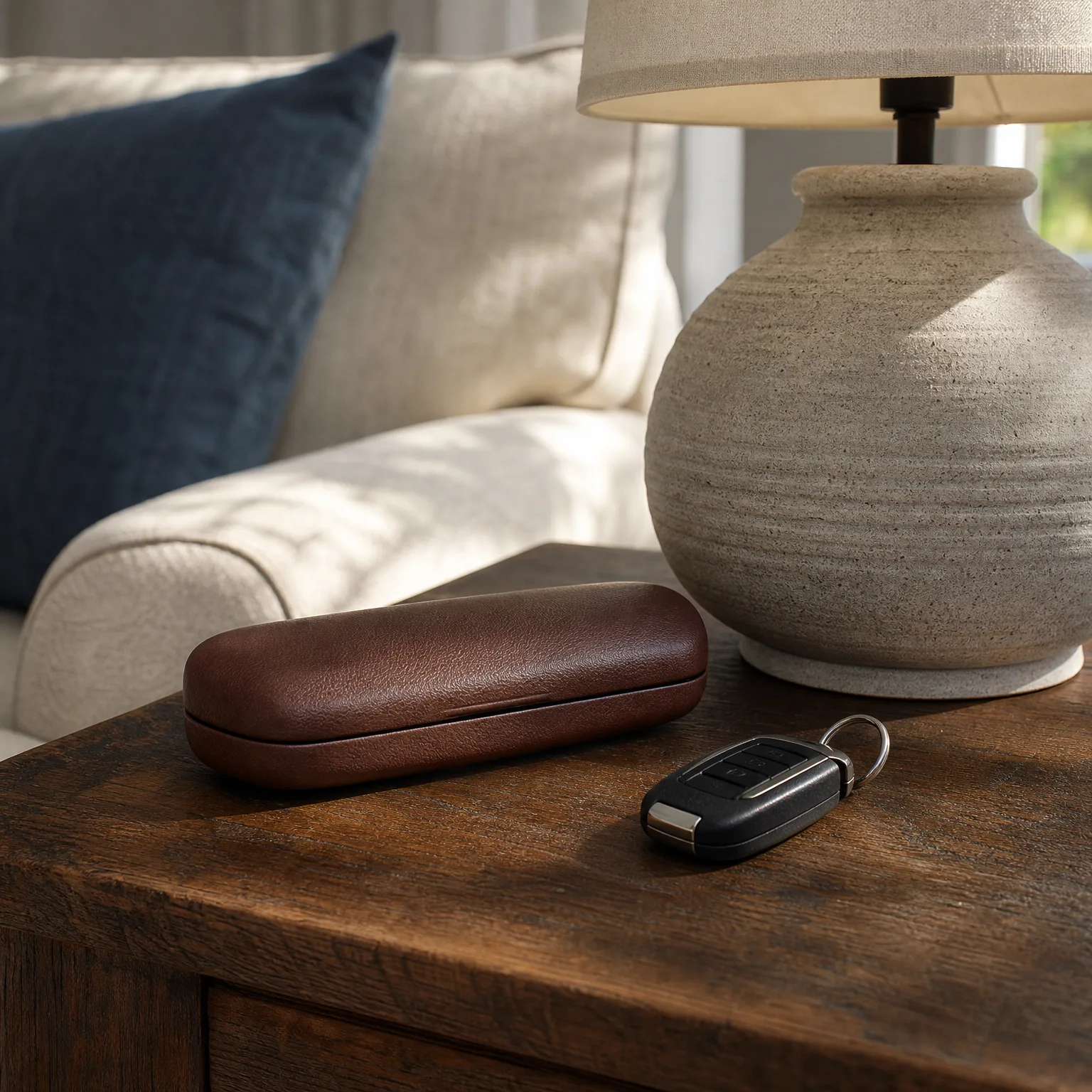 A brown leather eyeglass case and a black car key fob with a metal ring rest on a wooden side table beside a ceramic lamp base, with a cream sofa and dark blue cushion behind.
