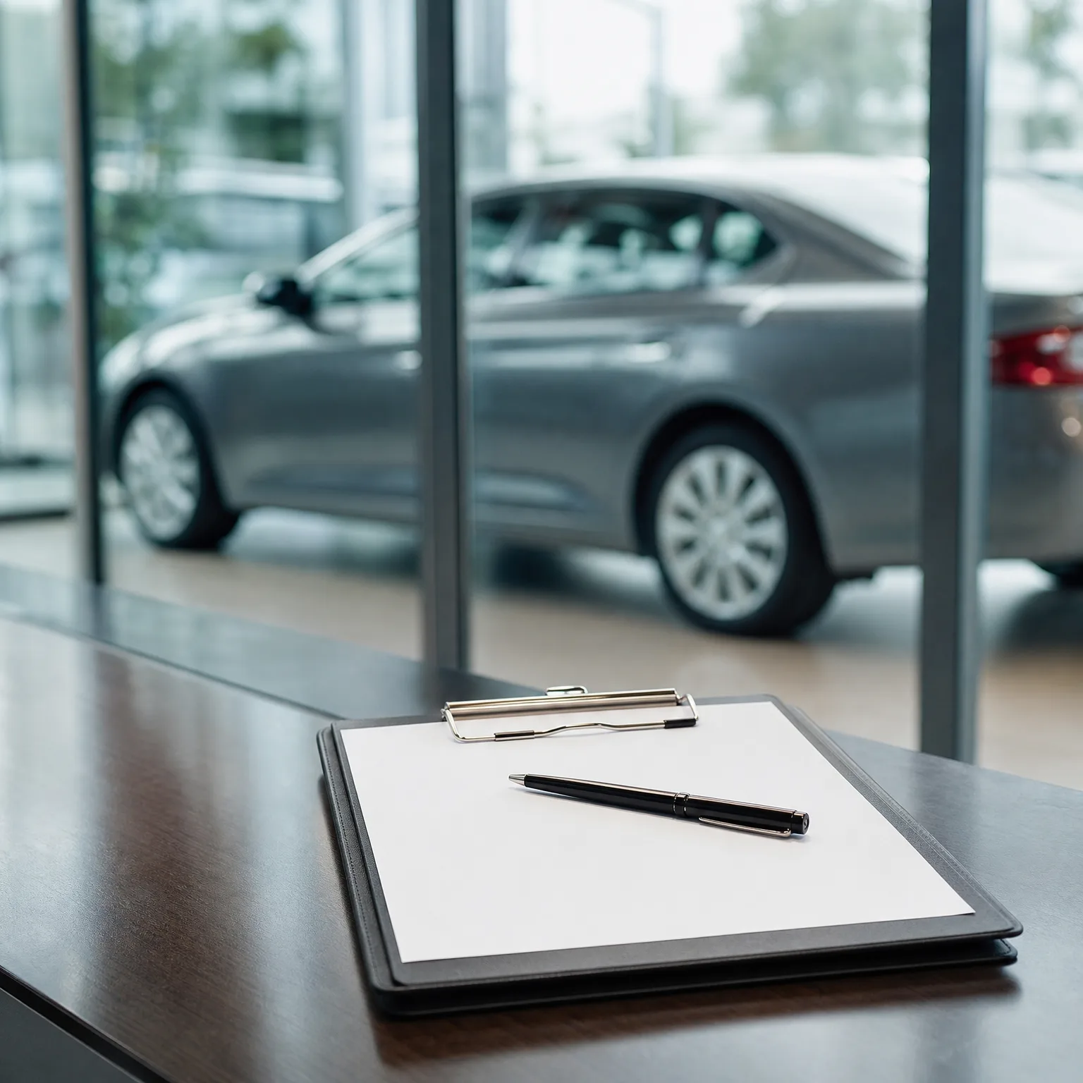 A clipboard with a blank sheet of paper and a black pen rests on a dark wooden counter, with a grey sedan blurred behind a glass wall in the background.