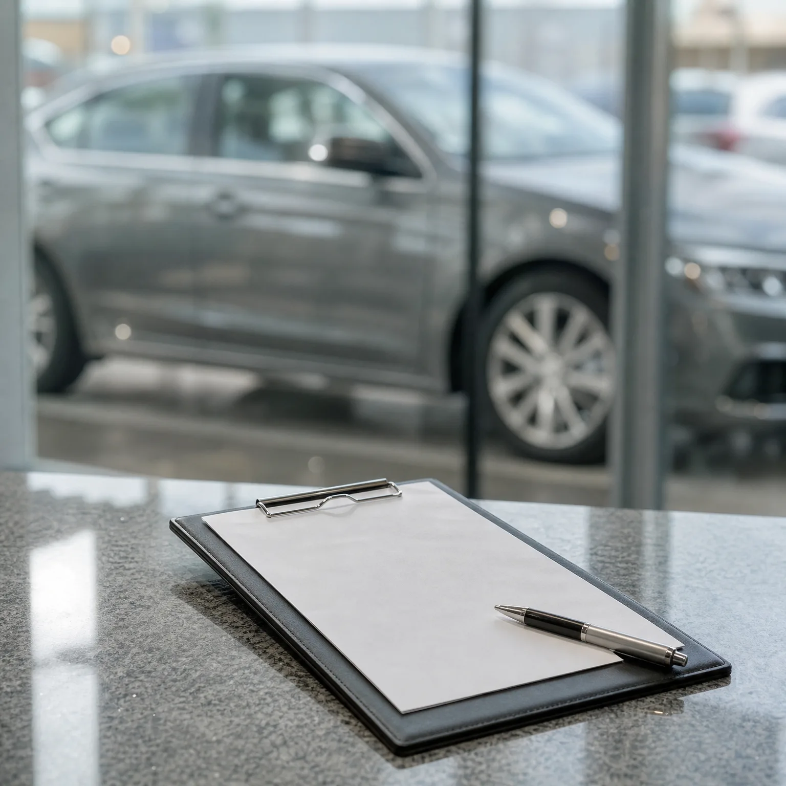 A black clipboard holding a blank sheet of paper with a silver and black pen rests on a gray granite countertop, with a dark gray car parked behind a glass window in the blurred background.