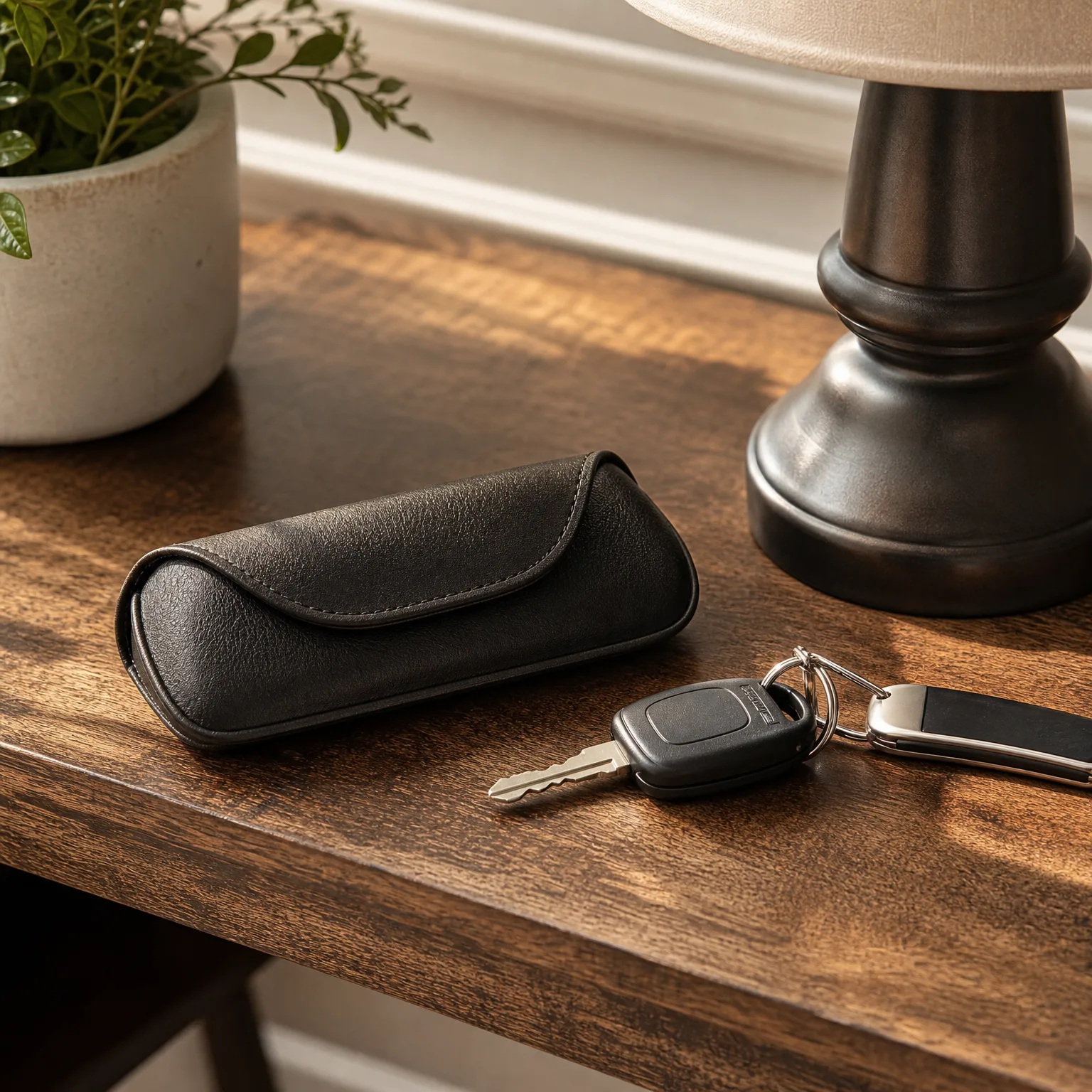 A black leather eyeglass case and a car key with keyring rest on a wooden console table beside a lamp base and a potted plant.