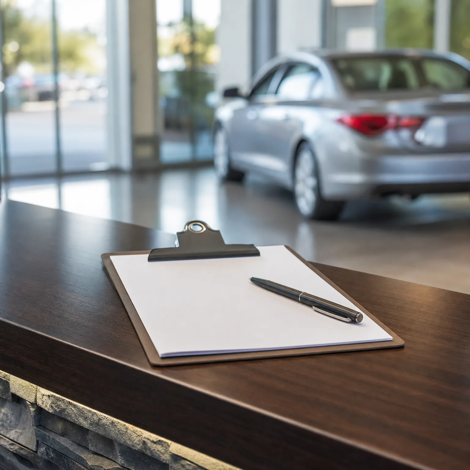 A clipboard with blank white paper and a pen rests on a dark wood counter, with a silver car blurred in the background behind glass windows.