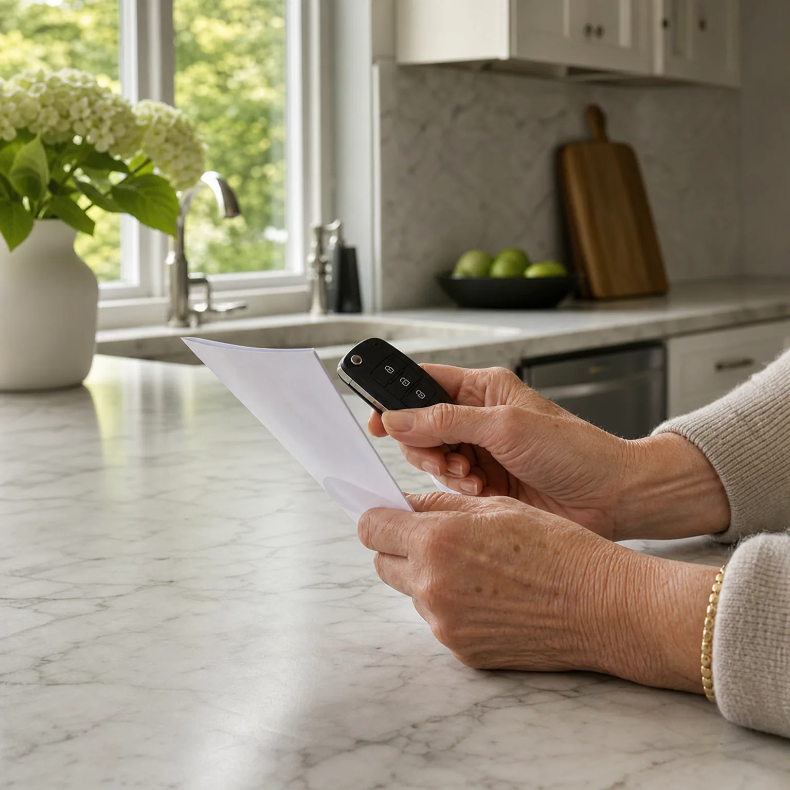 A person's hands at a marble kitchen counter hold a white envelope and a black car key fob, with a window, flowers in a vase, and cabinets behind.
