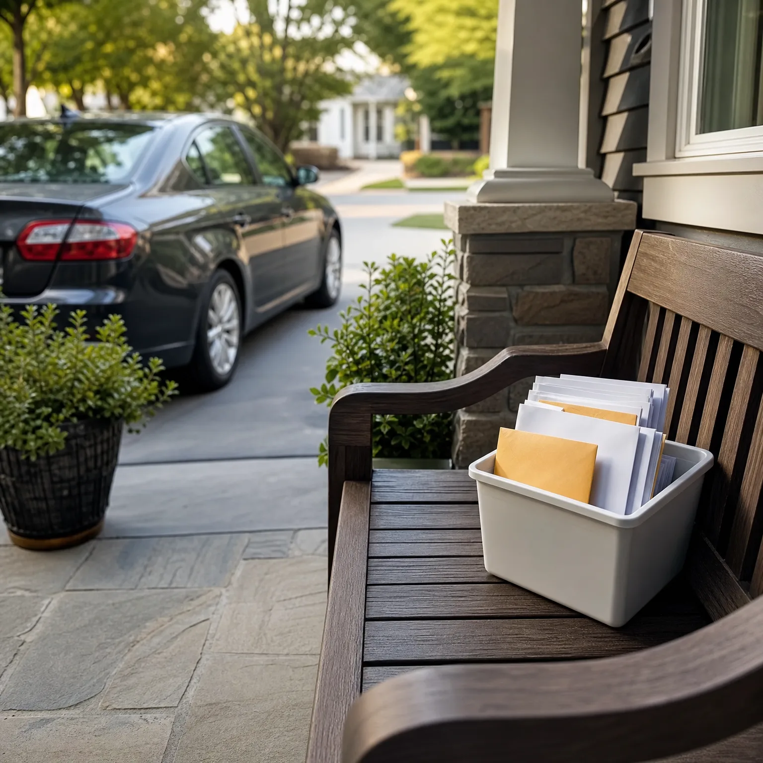A white plastic bin filled with envelopes sits on a wooden bench on a covered porch, with a dark sedan parked in the driveway and potted shrubs nearby.