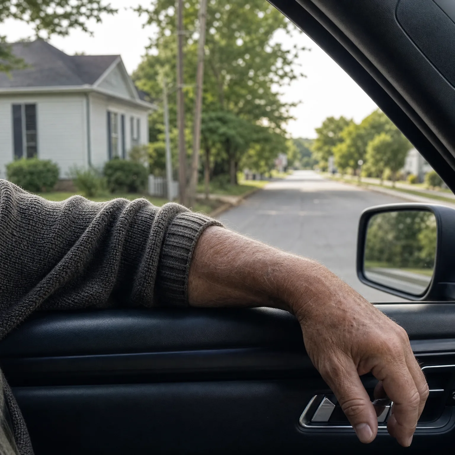 View from inside a car of a person's arm in a gray knit sweater resting on the door panel, with a white house, trees, and an empty residential street visible through the window.