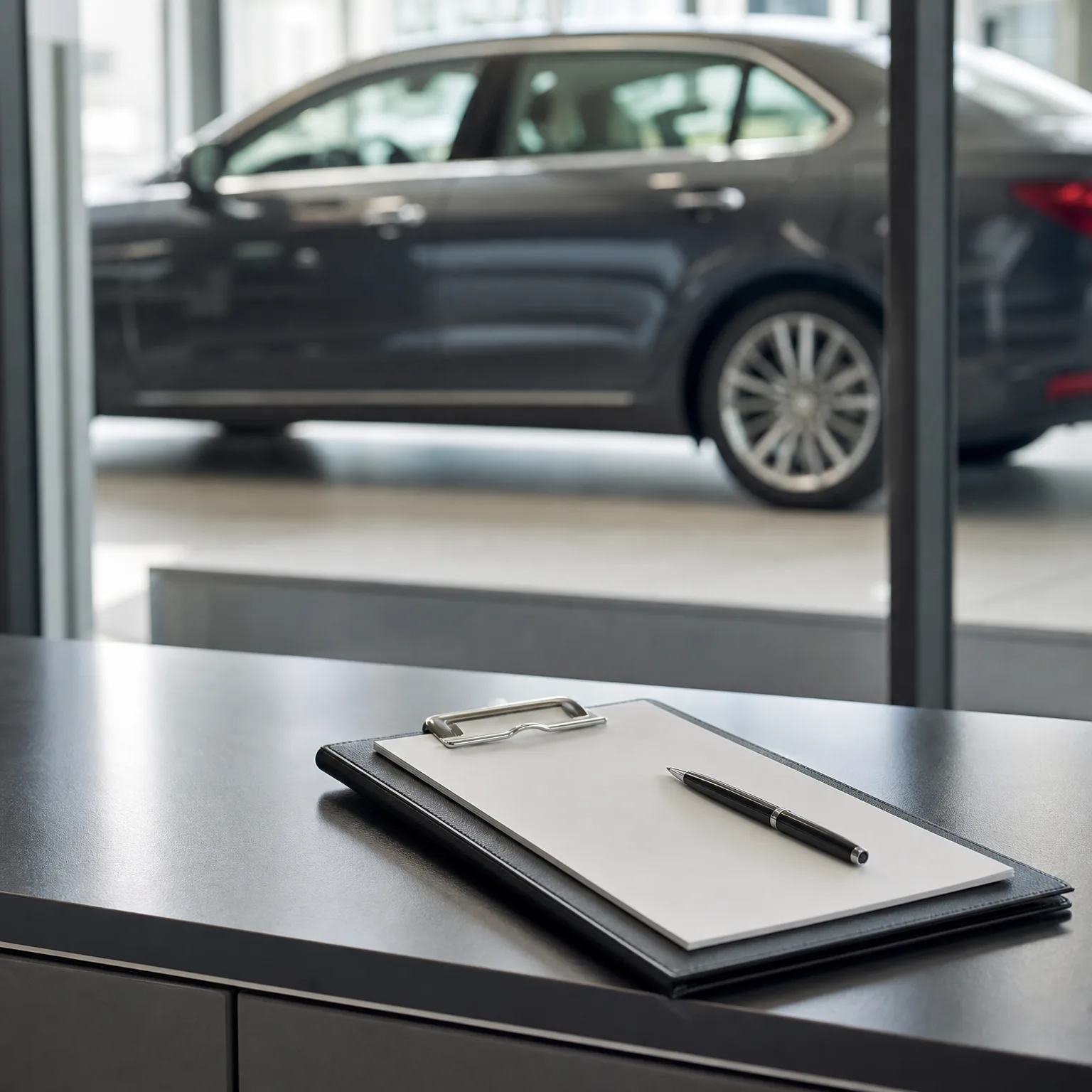 A black clipboard with blank paper and a pen rests on a dark counter, with a dark sedan parked behind a glass partition in the blurred background.