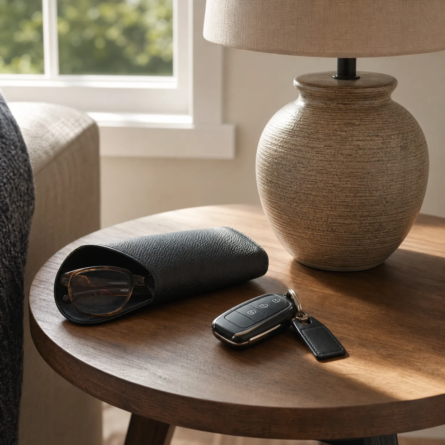 A round wooden side table holding a ceramic table lamp, a black leather glasses case with tortoiseshell eyeglasses partly inside, and a car key fob with a leather tag, beside an upholstered chair near a window.