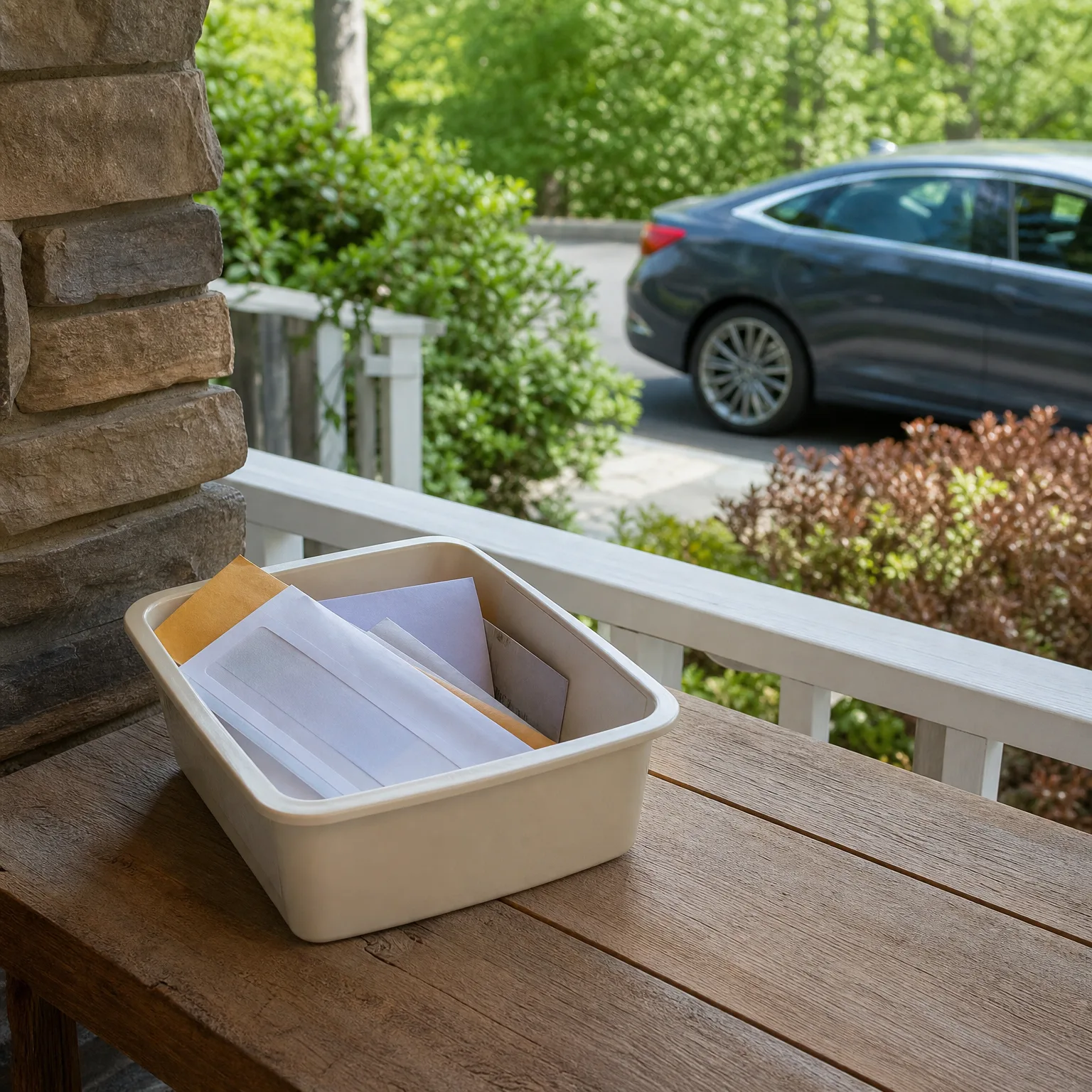 A cream plastic bin holding white and manila envelopes sits on a weathered wooden table on a porch with a stone column and white railing, with green shrubs and a dark parked car blurred in the background.