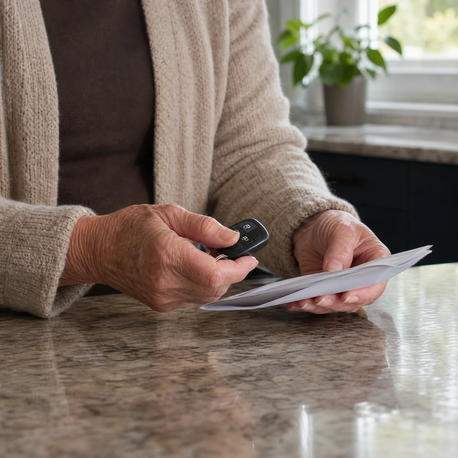 Close-up of an older person's hands at a granite counter, holding a black car key fob in one hand and a folded white paper in the other, with a potted plant by a window behind.