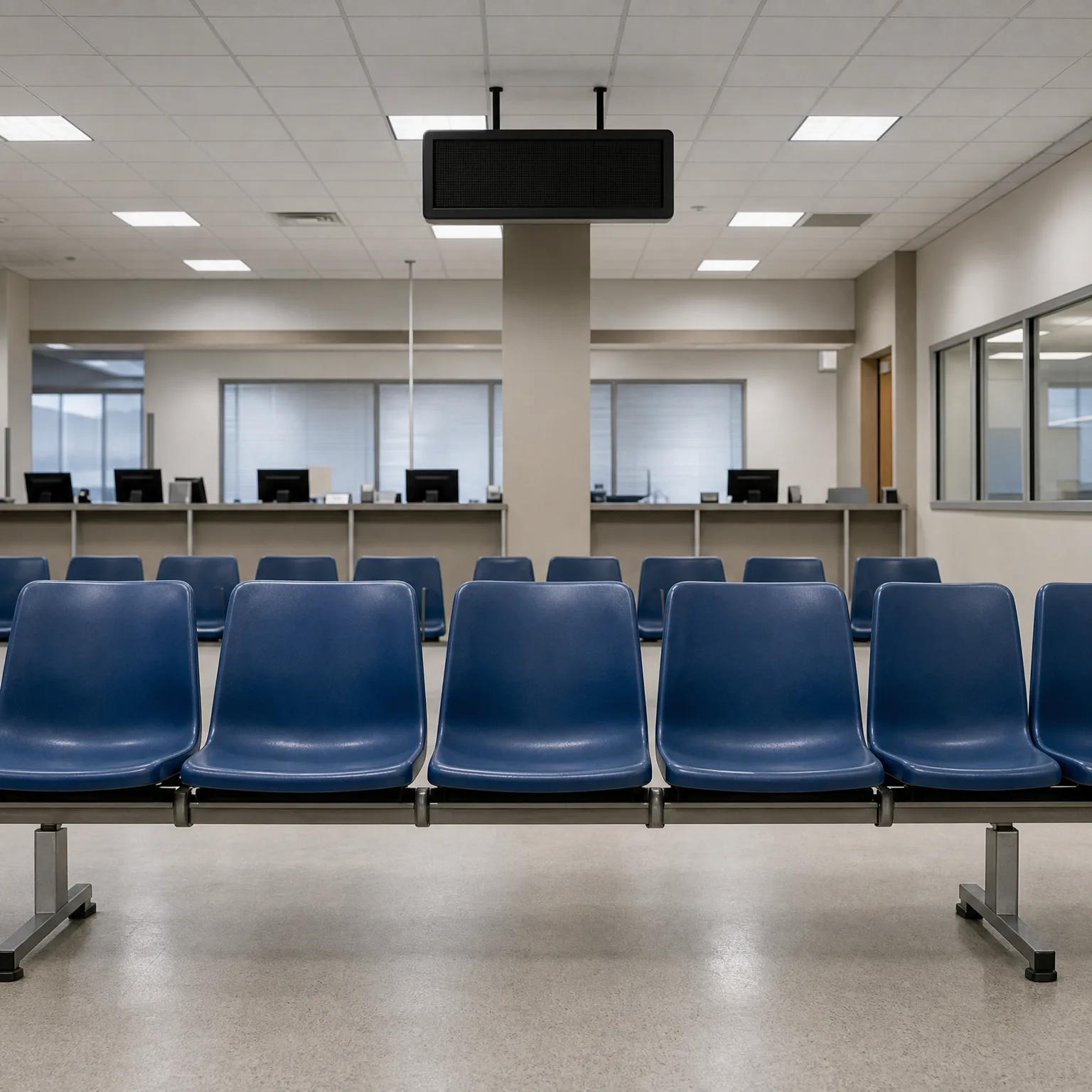 Rows of empty blue plastic beam-mounted chairs in a waiting area facing a long service counter with monitors, under a suspended ceiling with fluorescent panels and a blank overhead display board.