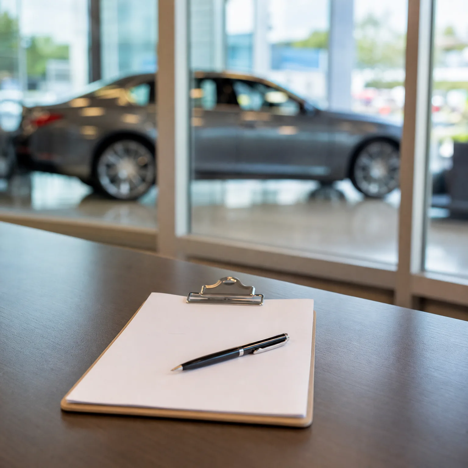 A clipboard with blank white paper and a black pen rests on a dark wooden desk, with a blurred silver sedan behind glass windows in the background.