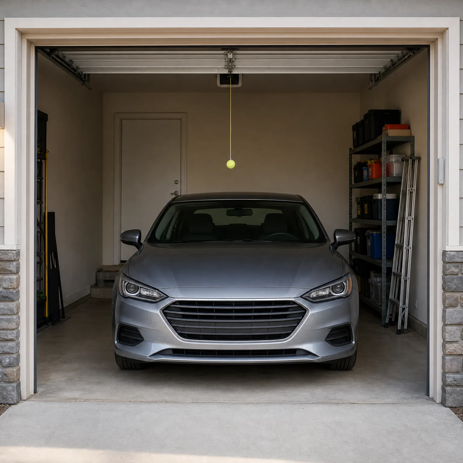 A silver sedan parked inside an open single-car garage, with a tennis ball hanging on a string from the ceiling opener, a metal shelving unit with bins and a ladder on the right, and an interior door with steps on the left.
