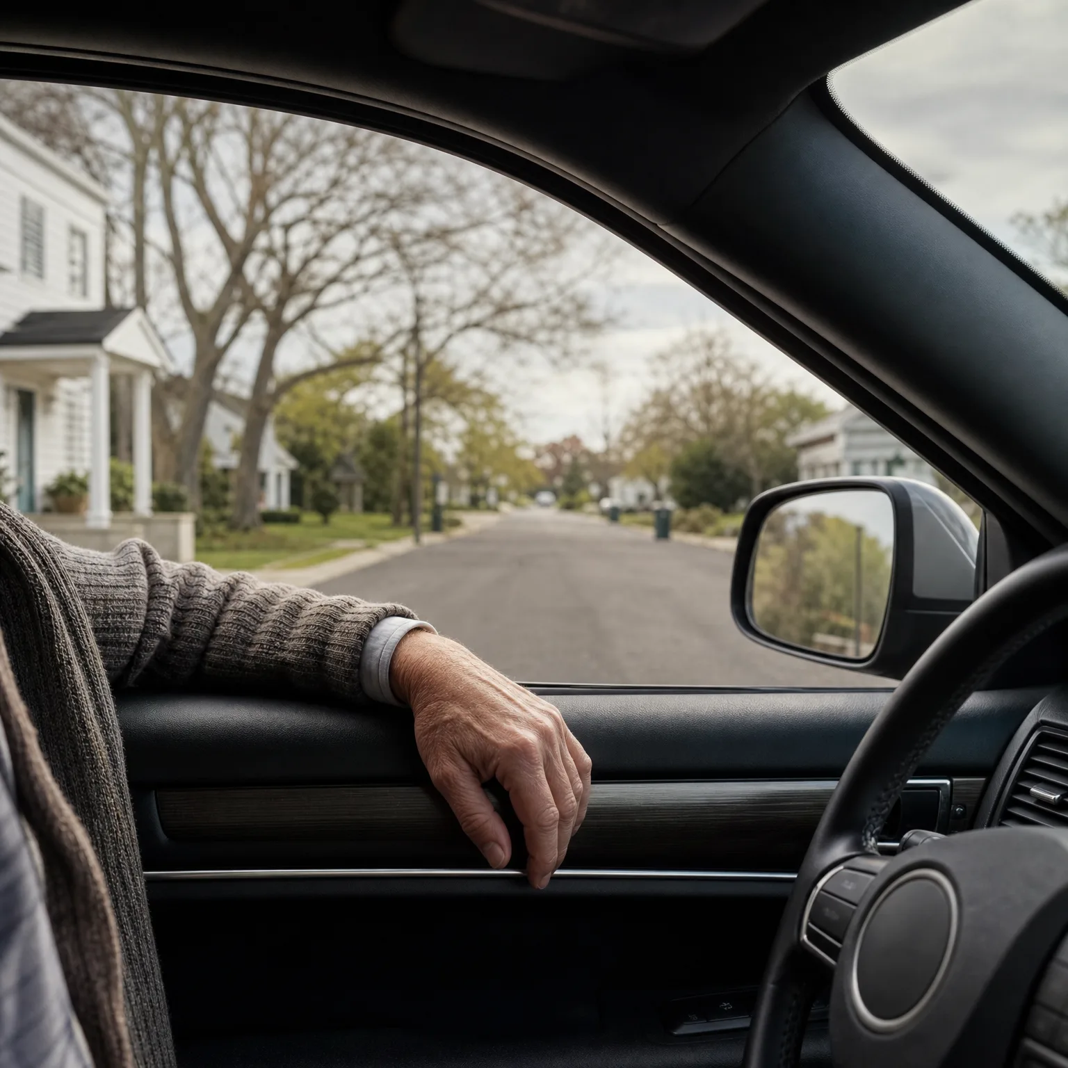 View from inside a parked car showing a person's arm in a knit sweater resting on the open passenger window frame, with a side mirror, steering wheel, and a tree-lined residential street with white houses outside.
