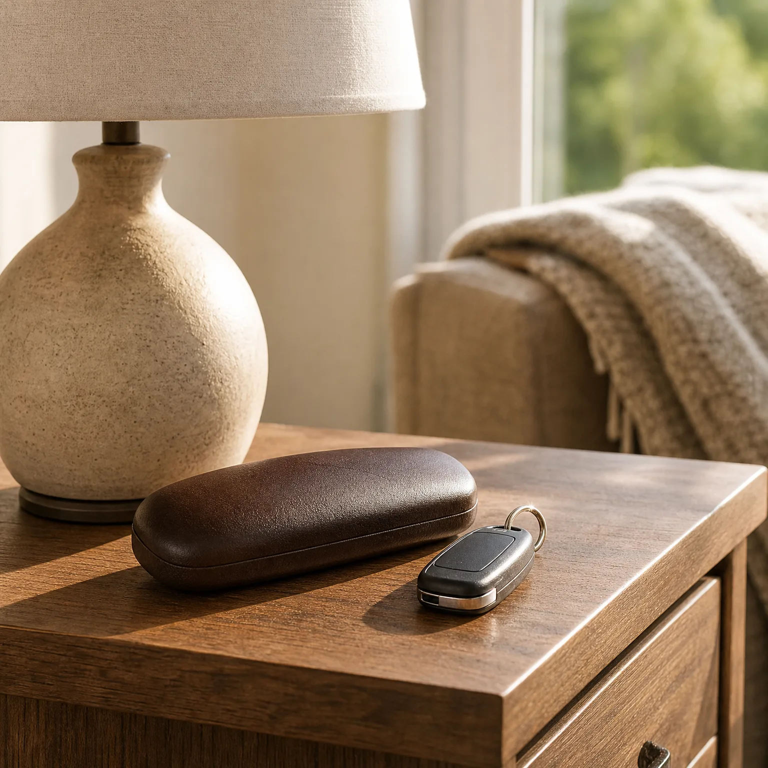 A dark brown glasses case and a black car key fob with a key ring rest on a wooden nightstand beside a ceramic table lamp, with a knit throw over an upholstered chair and a bright window behind.