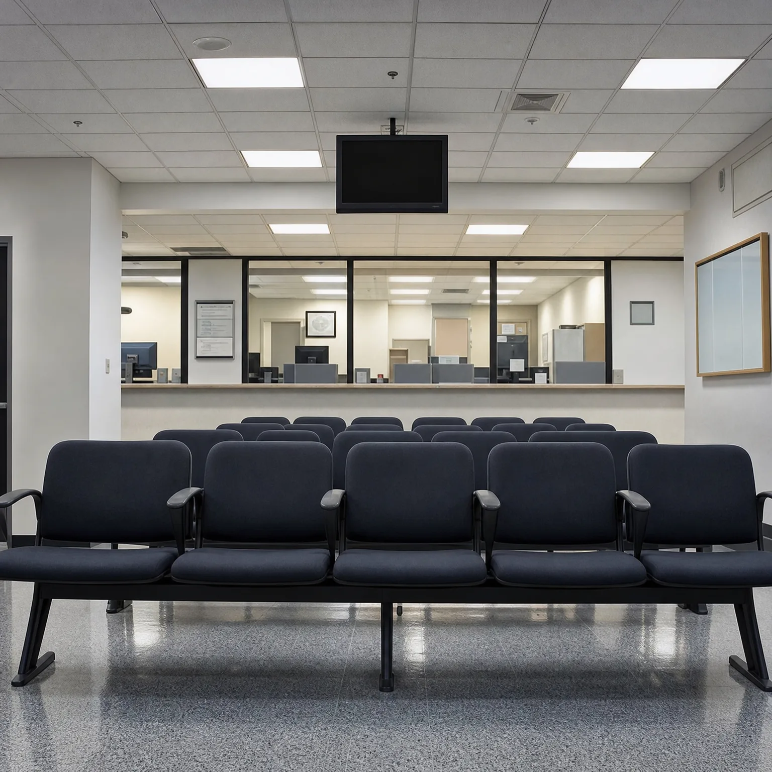 Empty waiting room with rows of dark upholstered beam seating facing a glass-fronted service counter, a ceiling-mounted flat screen, drop-ceiling light panels, and a terrazzo floor.