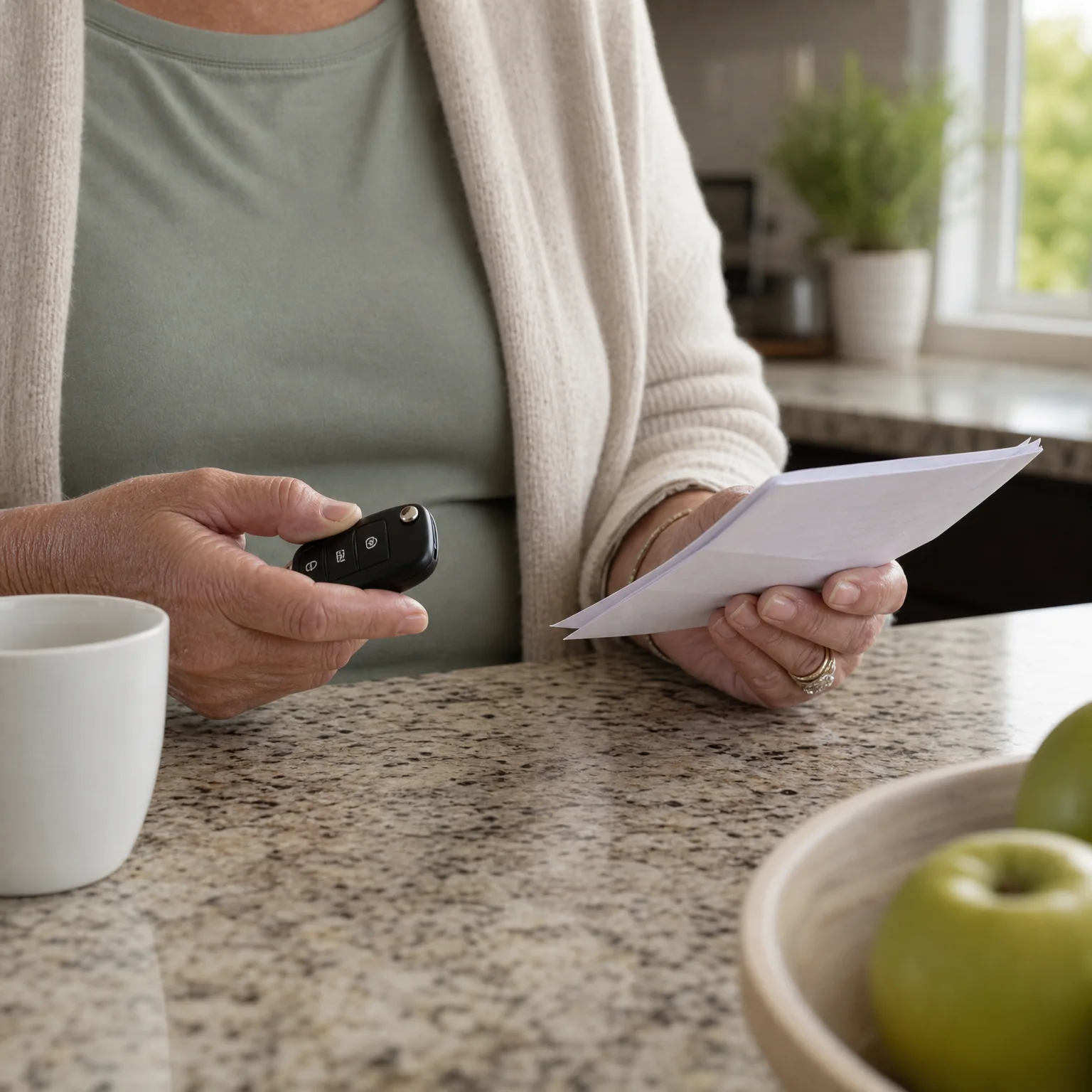 A person in a green top and cream cardigan stands at a granite kitchen counter holding a black car key fob in one hand and folded white papers in the other, with a white mug and a bowl of green apples nearby.