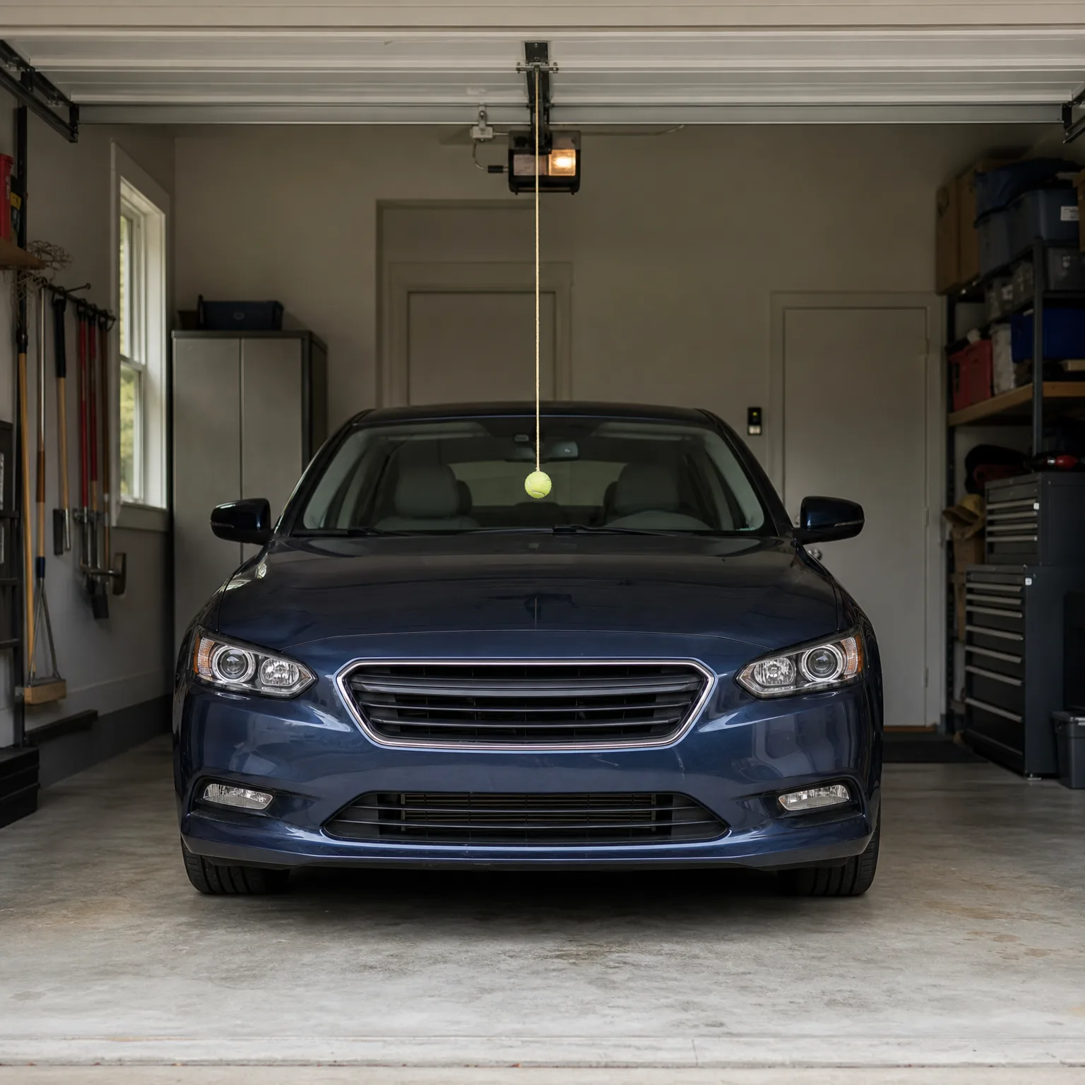 A dark blue sedan parked inside a garage with a tennis ball hanging on a string from the ceiling opener, aligned near the windshield, with shelving, tool chest and hanging tools along the walls.