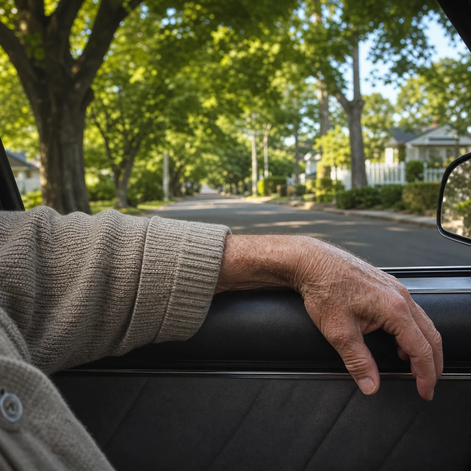 An elderly person's arm in a knit sweater rests on the open window sill of a car door, with a tree-lined residential street and houses visible ahead.