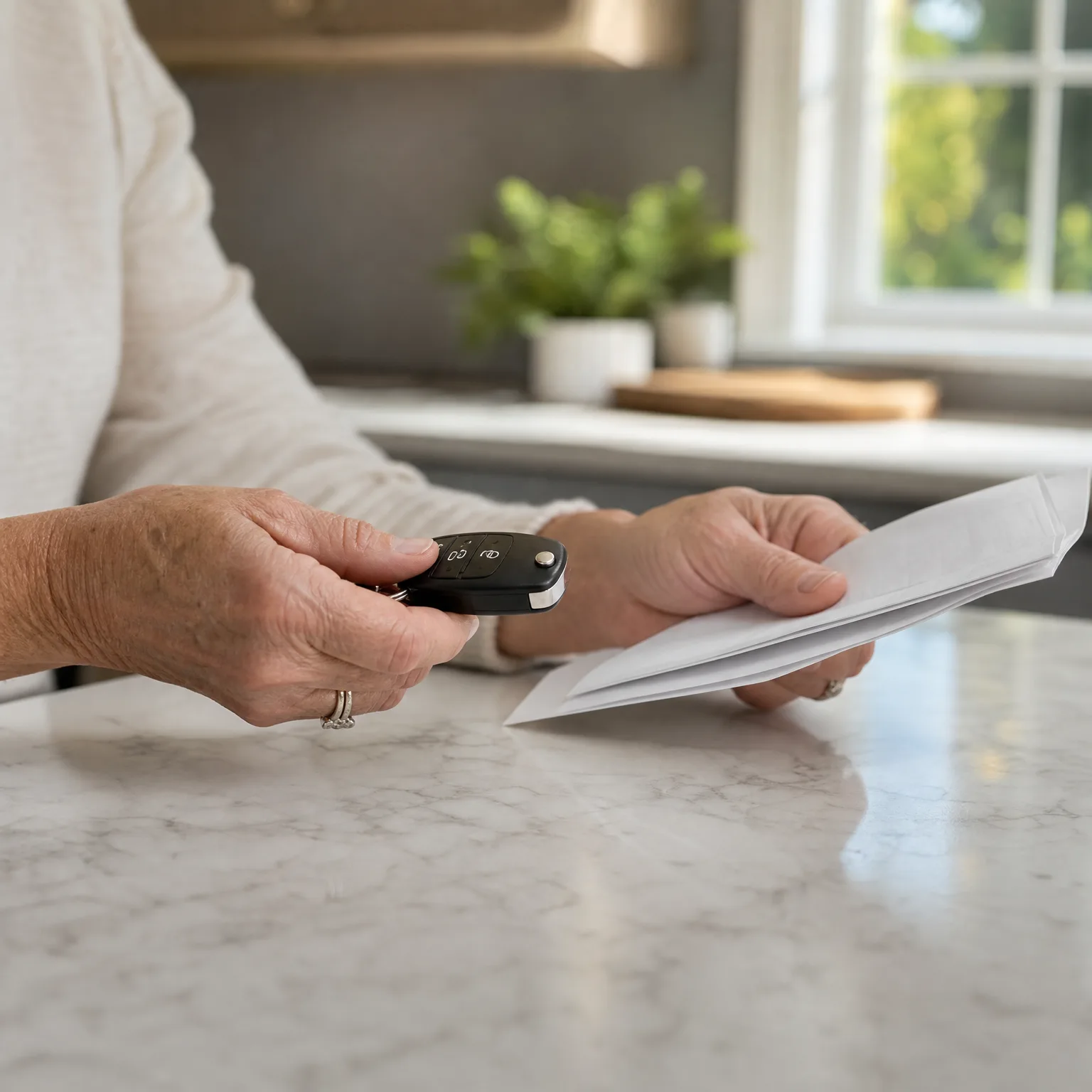 Close-up of an older person's hands at a white marble counter, holding a black car key fob in one hand and white folded papers in the other, with a blurred window and potted plant behind.