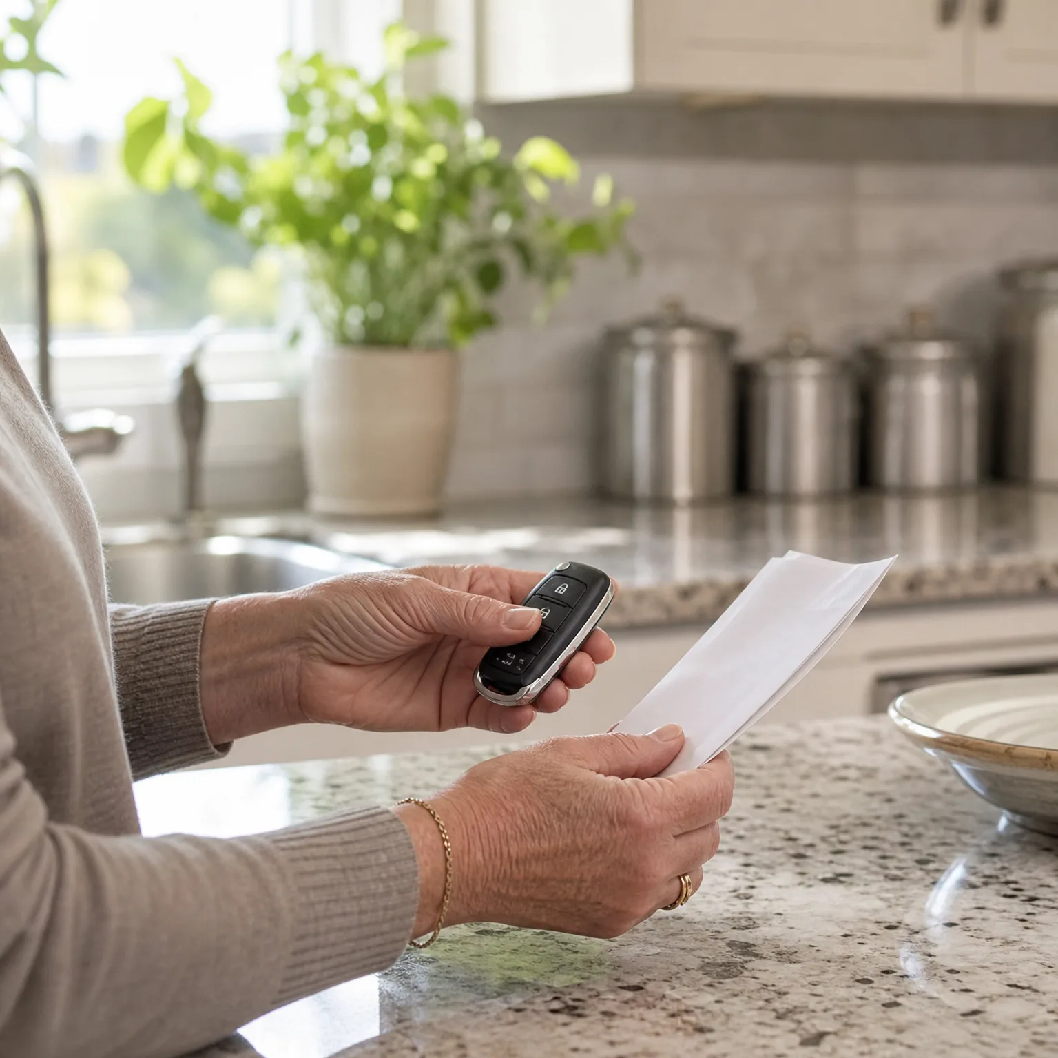 A person's hands hold a black car key fob and folded white papers over a granite kitchen counter, with a sink, potted plant, and metal canisters in the background.
