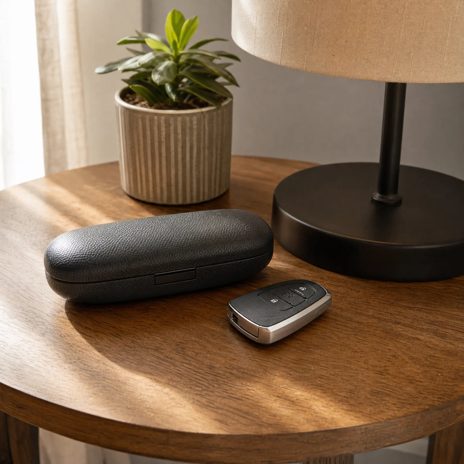 A black textured eyeglass case and a black and silver car key fob rest on a round wooden side table beside a lamp base and a small potted plant in a ribbed ceramic pot.
