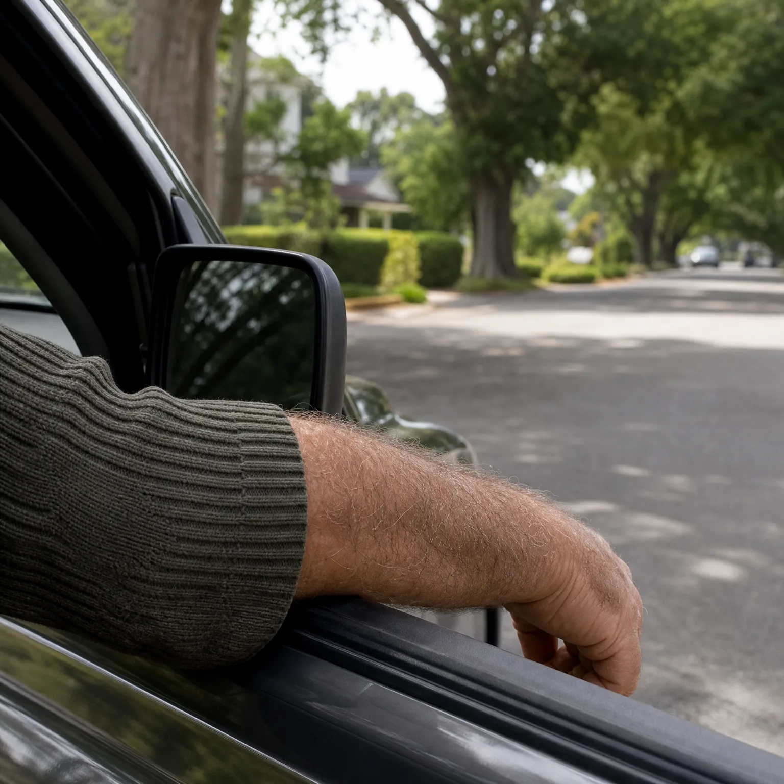 A person's forearm in a dark knit sweater rests on the open window sill of a car, with the side mirror and a tree-lined residential street in the background.