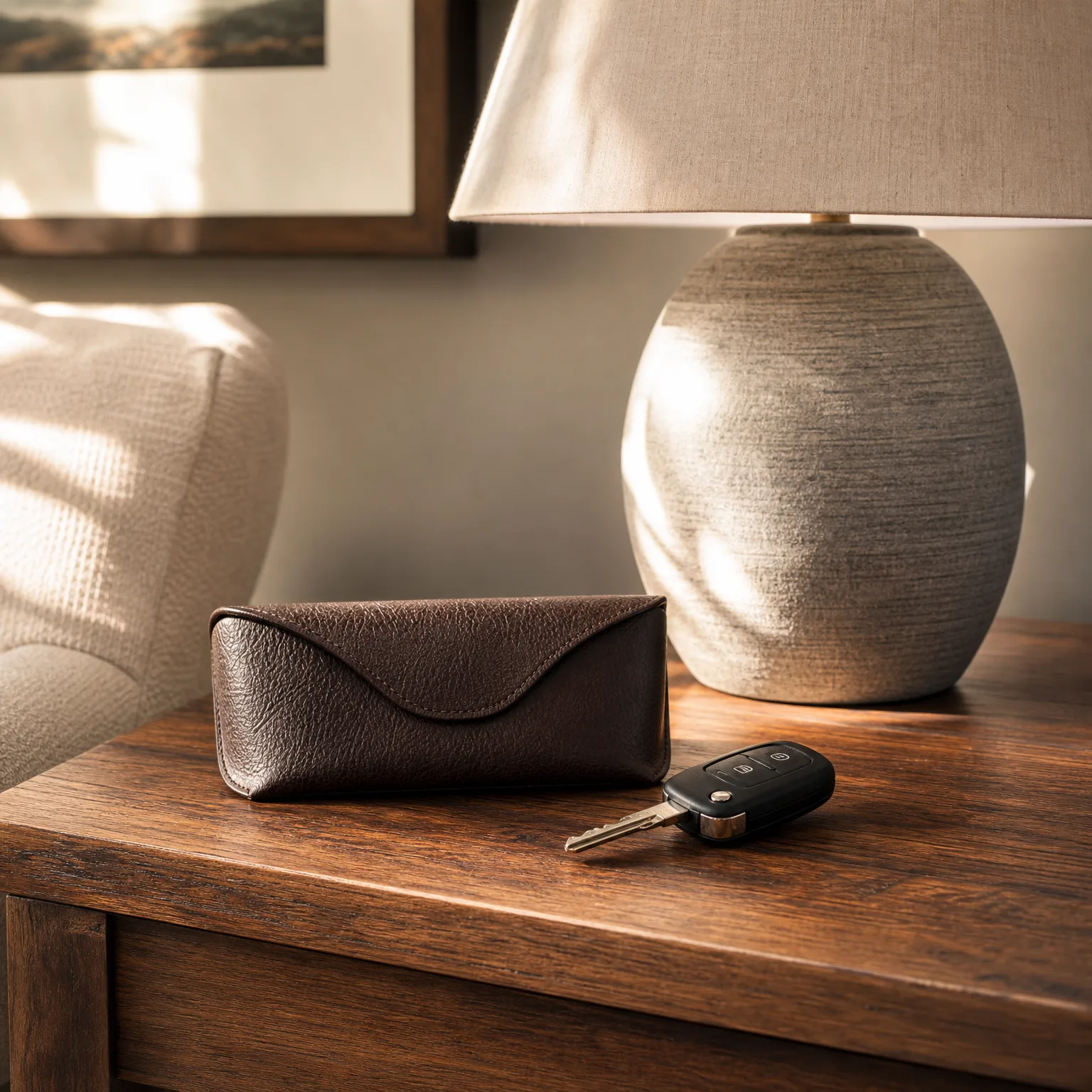 A brown leather eyeglass case and a black flip-key car remote rest on a wooden side table beside a textured ceramic lamp base, with a framed picture and upholstered chair in the background.