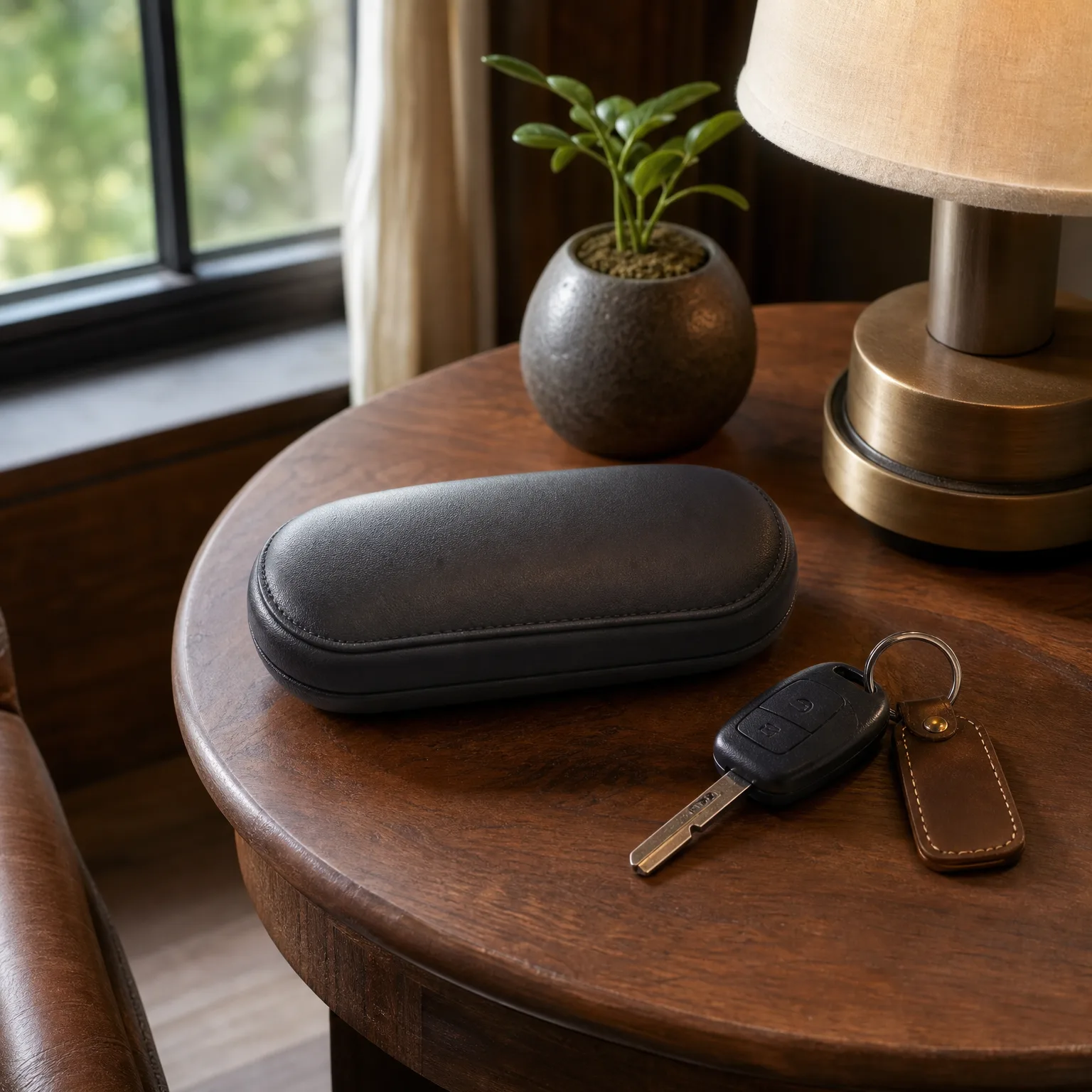 A black oval eyeglass case, a car key with a leather fob, a small potted plant, and the base of a lamp on a round wooden side table near a window.