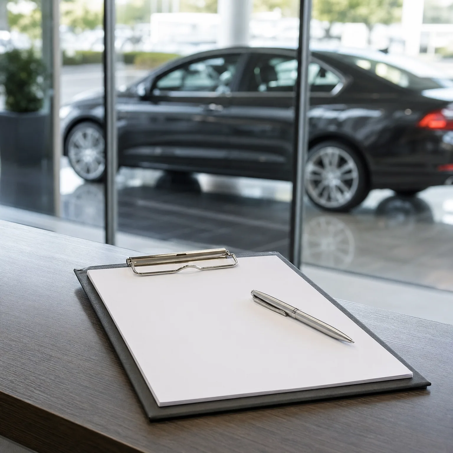 A clipboard with blank white paper and a silver ballpoint pen rests on a wooden counter, with a dark sedan parked behind a glass wall in the blurred background.