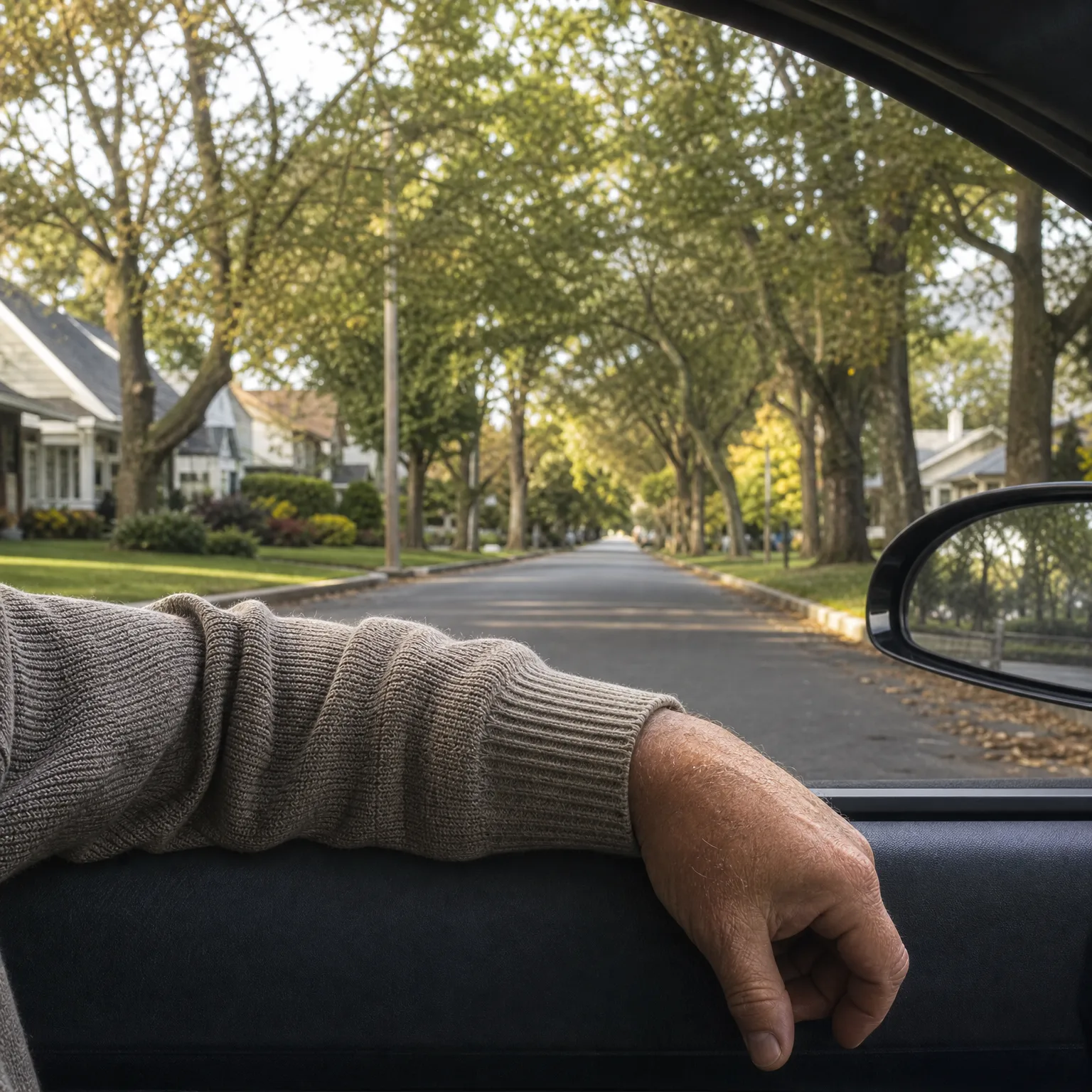 View from inside a car of a person's arm in a gray knit sweater resting on the door sill, looking out at a tree-lined residential street with houses and lawns.
