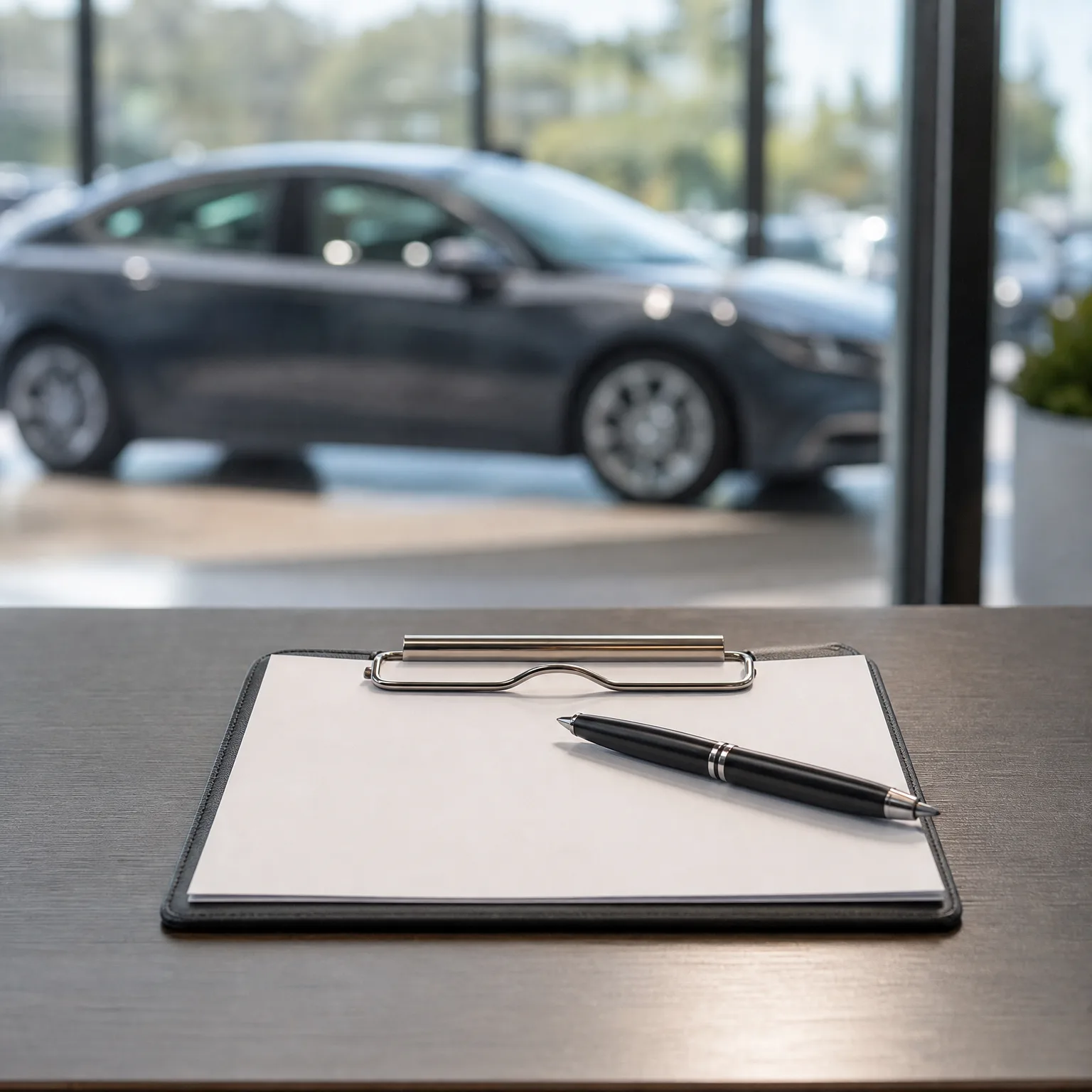 A clipboard with a blank sheet of paper and a black pen rests on a dark wooden desk, with a blurred dark sedan behind a glass wall in the background.