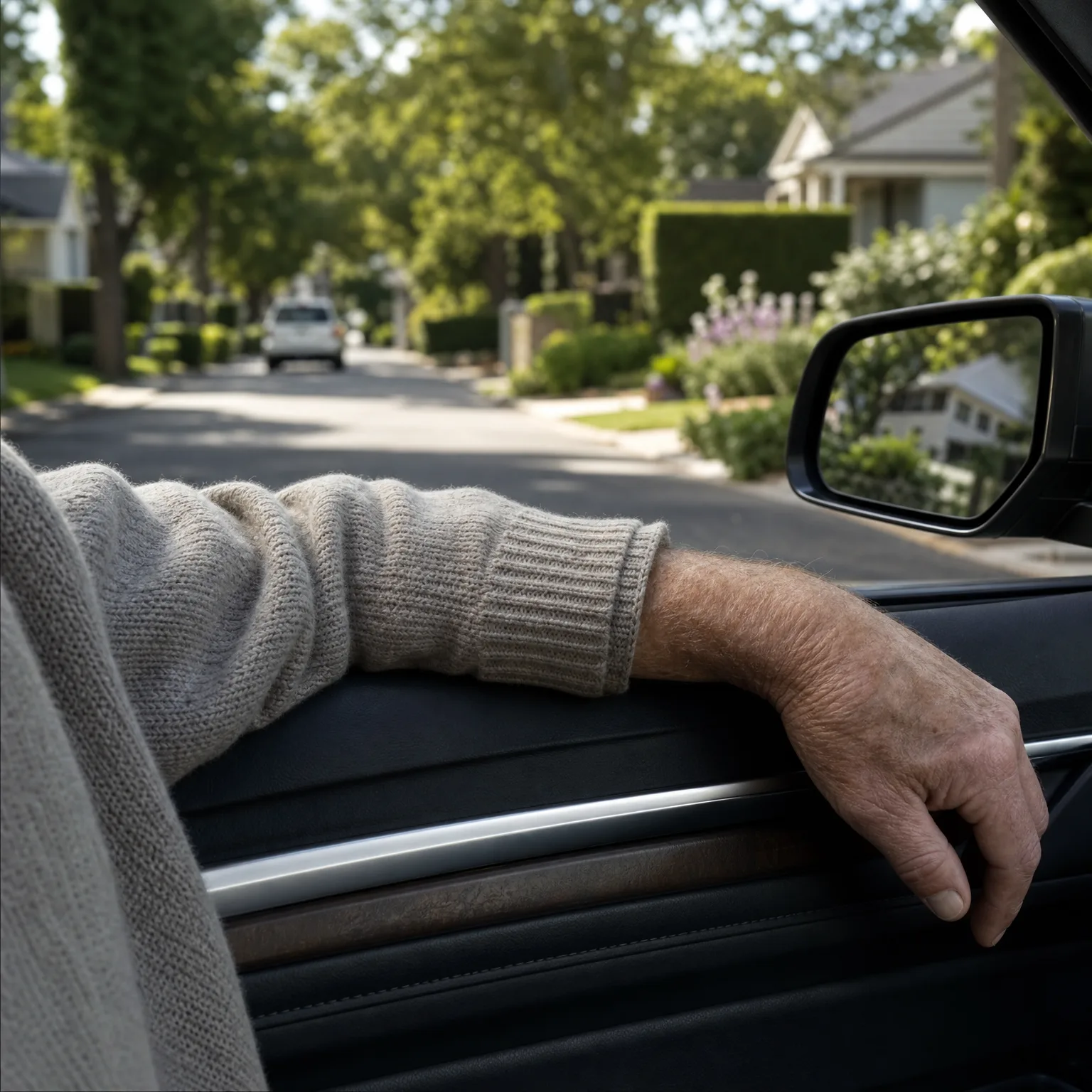 View from inside a car of an older person's arm in a knit sweater resting on the open passenger window sill, with a side mirror, tree-lined street, houses and a parked white car ahead.