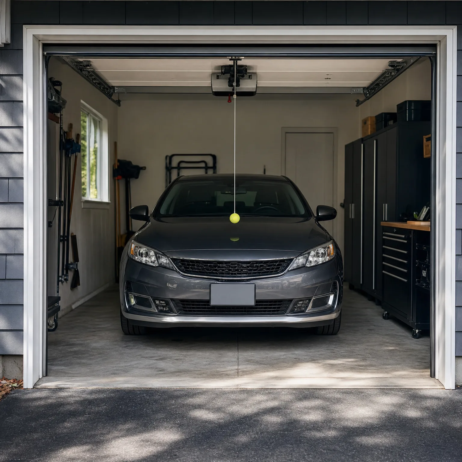 A dark gray sedan parked inside an open single-car garage, with a ceiling-mounted door opener, a tennis ball hanging on a string, wall-hung tools on the left and black storage cabinets on the right.