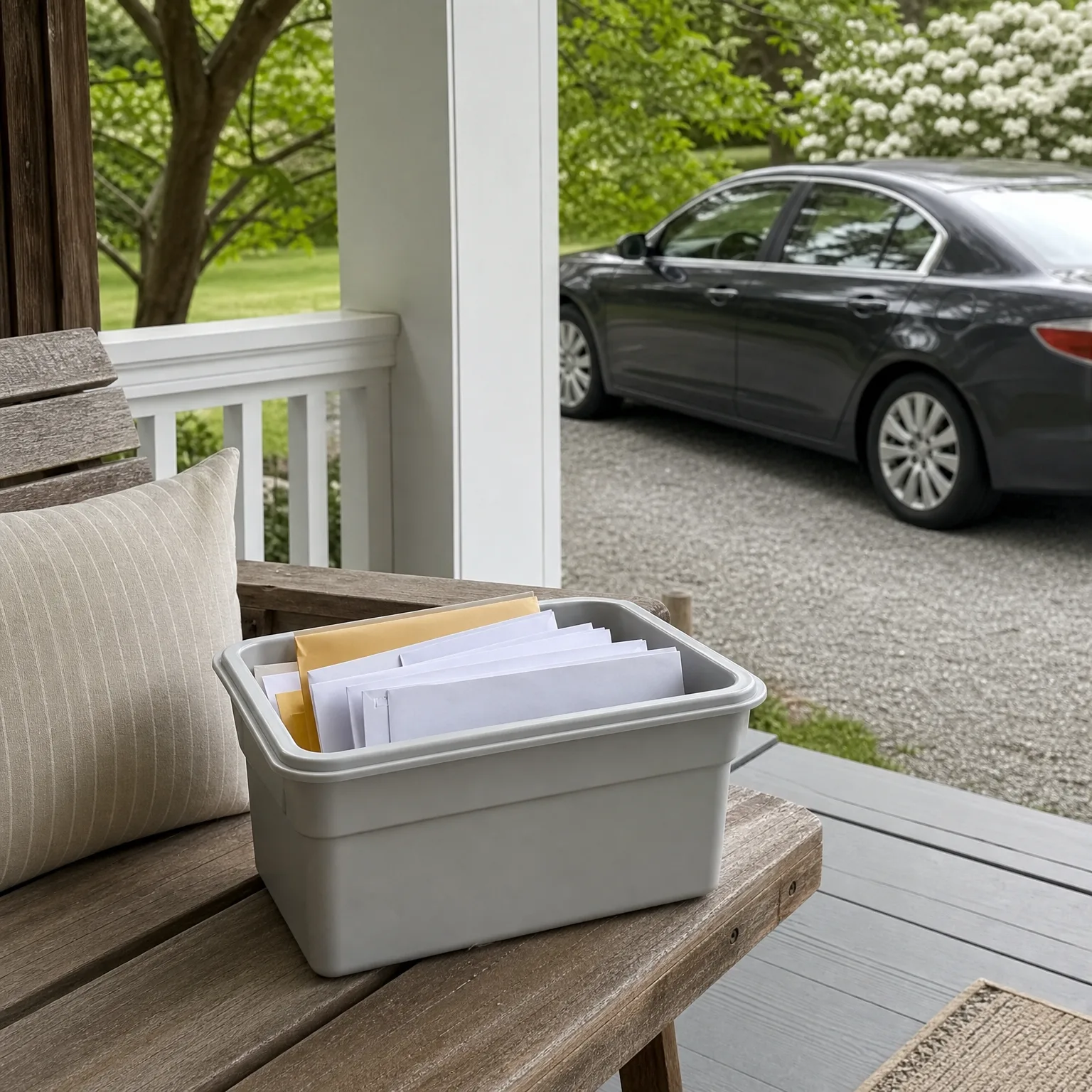 A gray plastic bin holding white and manila envelopes sits on a weathered wooden bench with a striped cushion on a covered porch, with a dark sedan parked on a gravel driveway and green trees in the background.