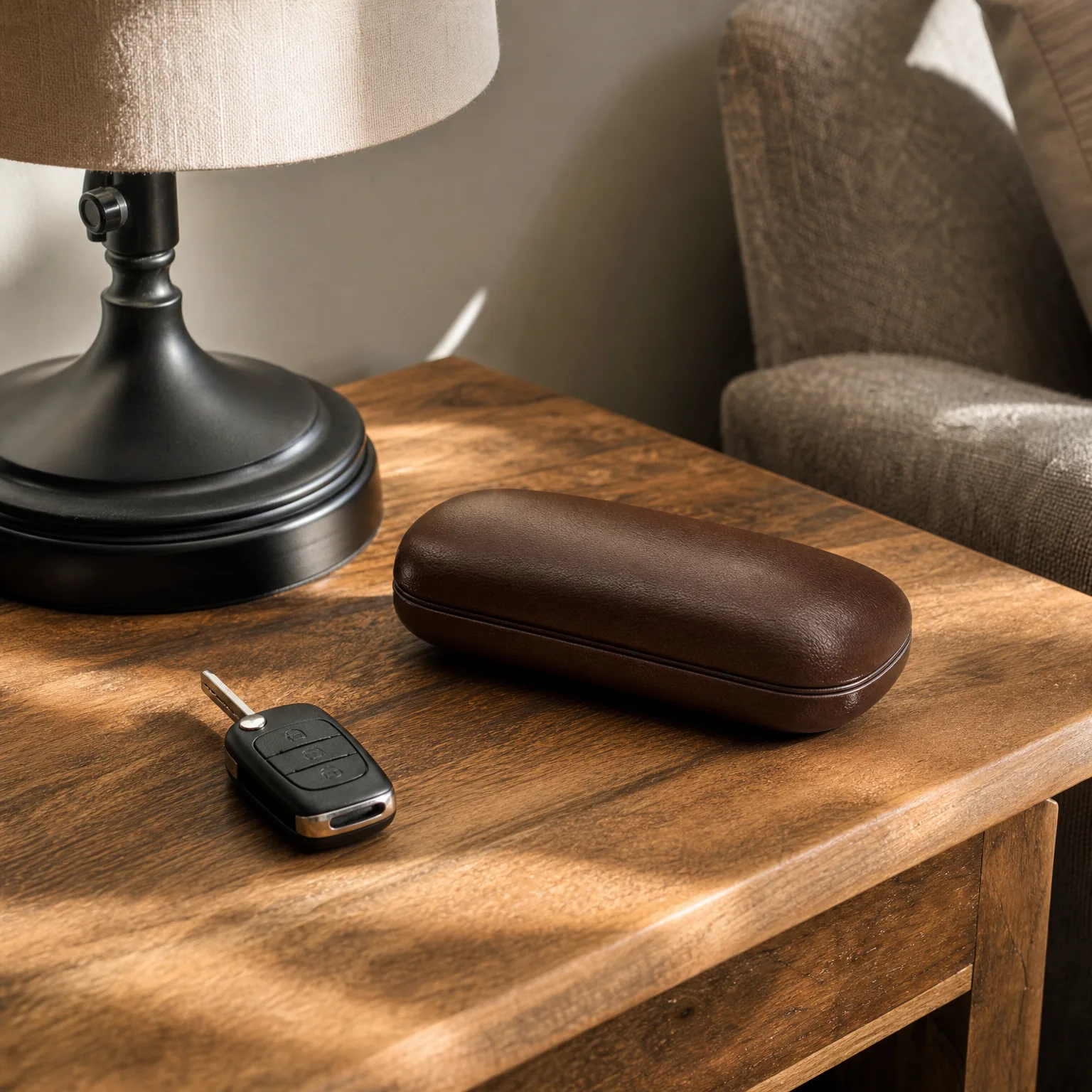 A brown hard eyeglass case and a black flip car key rest on a wooden side table beside a dark metal lamp base, with an upholstered armchair in the background.