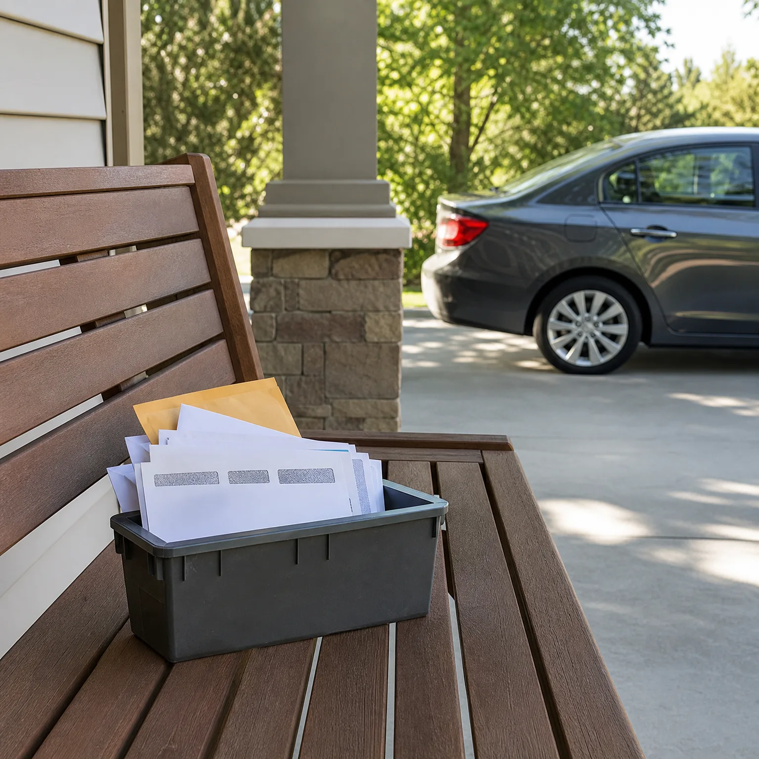 A black plastic bin filled with white and manila envelopes sits on a brown slatted bench on a porch, with a stone-based column and a dark gray sedan parked on a concrete driveway in the background.