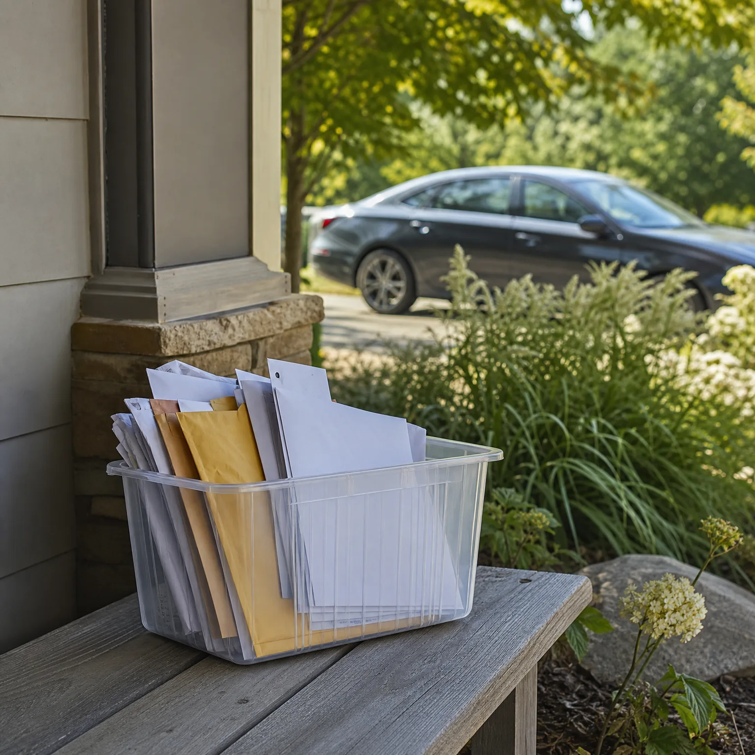 A clear plastic bin filled with white and manila envelopes sits on a weathered wooden bench beside a stone-and-siding porch, with a dark sedan parked on a driveway and green shrubs and trees behind.